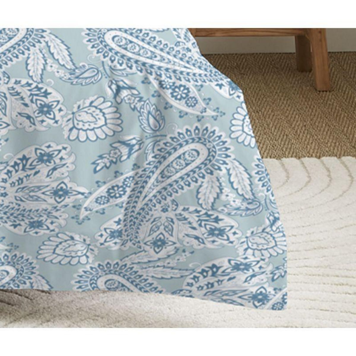COTON PUR Parure de draps 4 pièces pour lit 140 x 190 cm Cachemire bleu