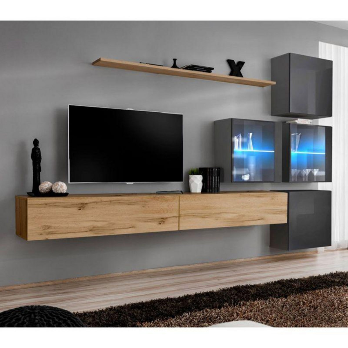 Paris Prix Meuble TV Mural Design  Switch XIX  310cm Naturel & Gris