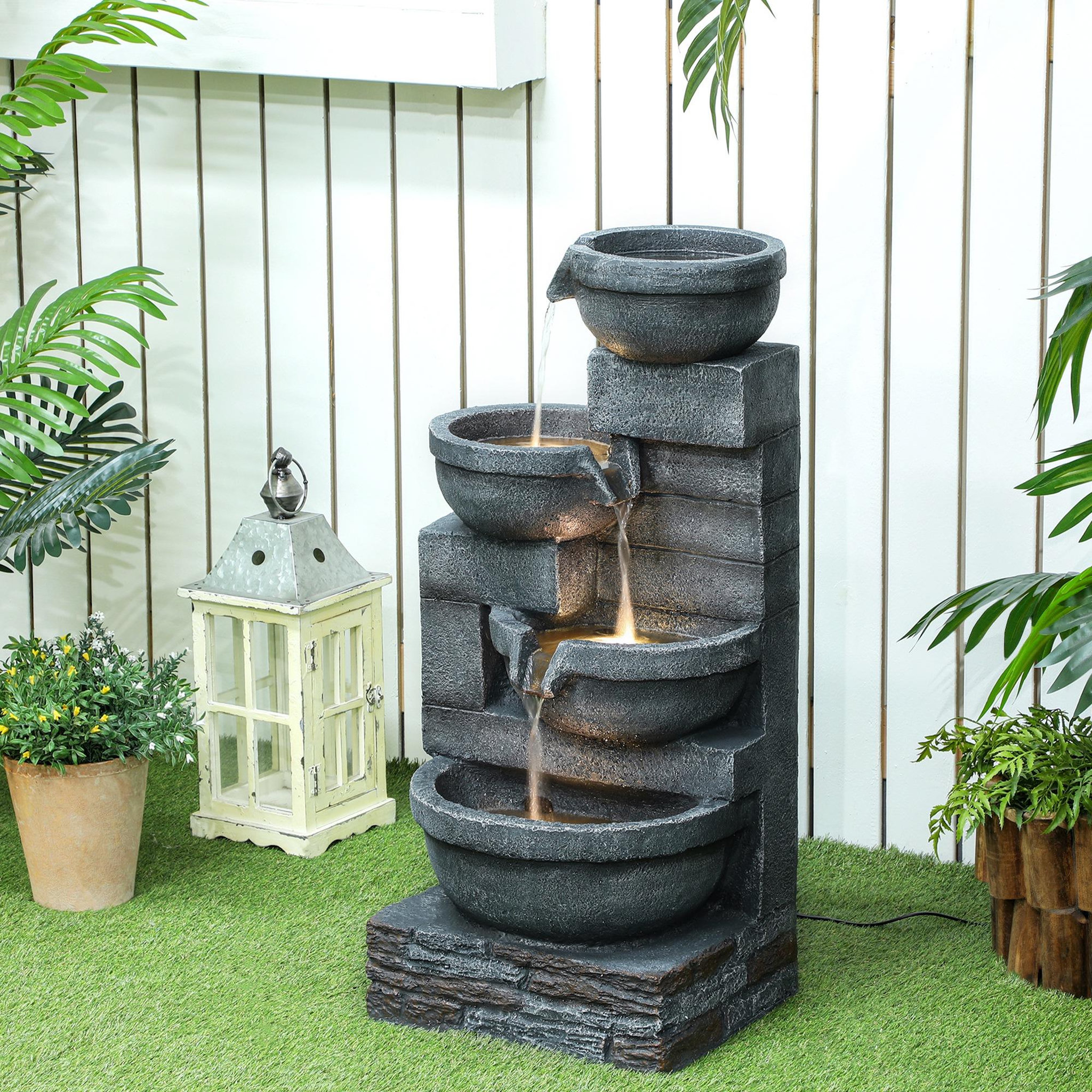 Voir la diapositive 2 : OUTSUNNY Fontaine de jardin en cascade avec éclairage LED 4 niveaux - pompe inclus - 38 x 35 x 78,5 cm - résine gris