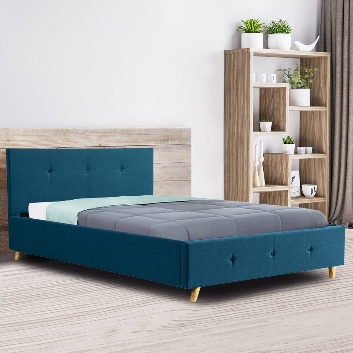 ID MARKET Lit coffre double scandinave LULEA avec tête de lit et sommier 140 x 190 cm tissu bleu canard