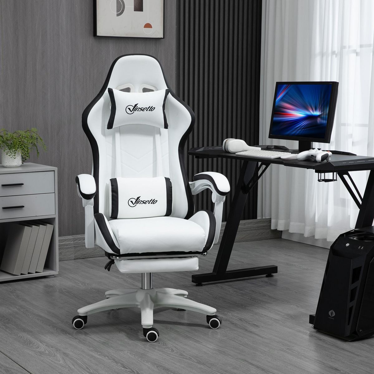 VINSETTO Chaise de bureau gaming - inclinable, pivotant, réglable - coussins lombaires têtière inclus - noir blanc