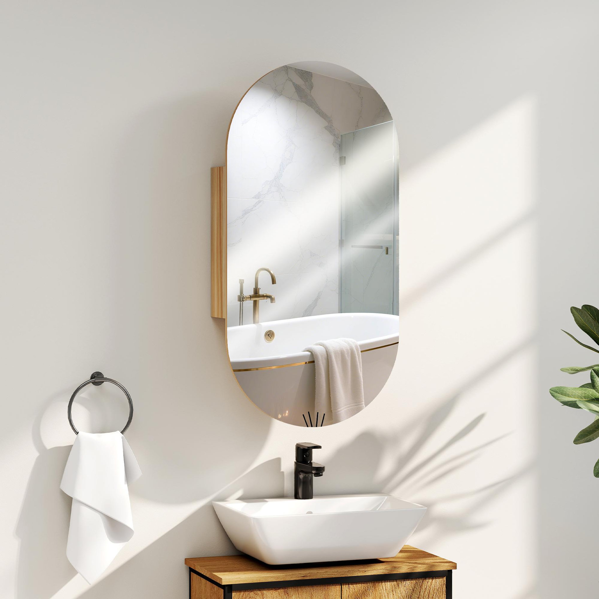 Voir la diapositive 2 : HOMCOM Armoire miroir design ovale dim. 45 x 90 cm étagère effet bois clair