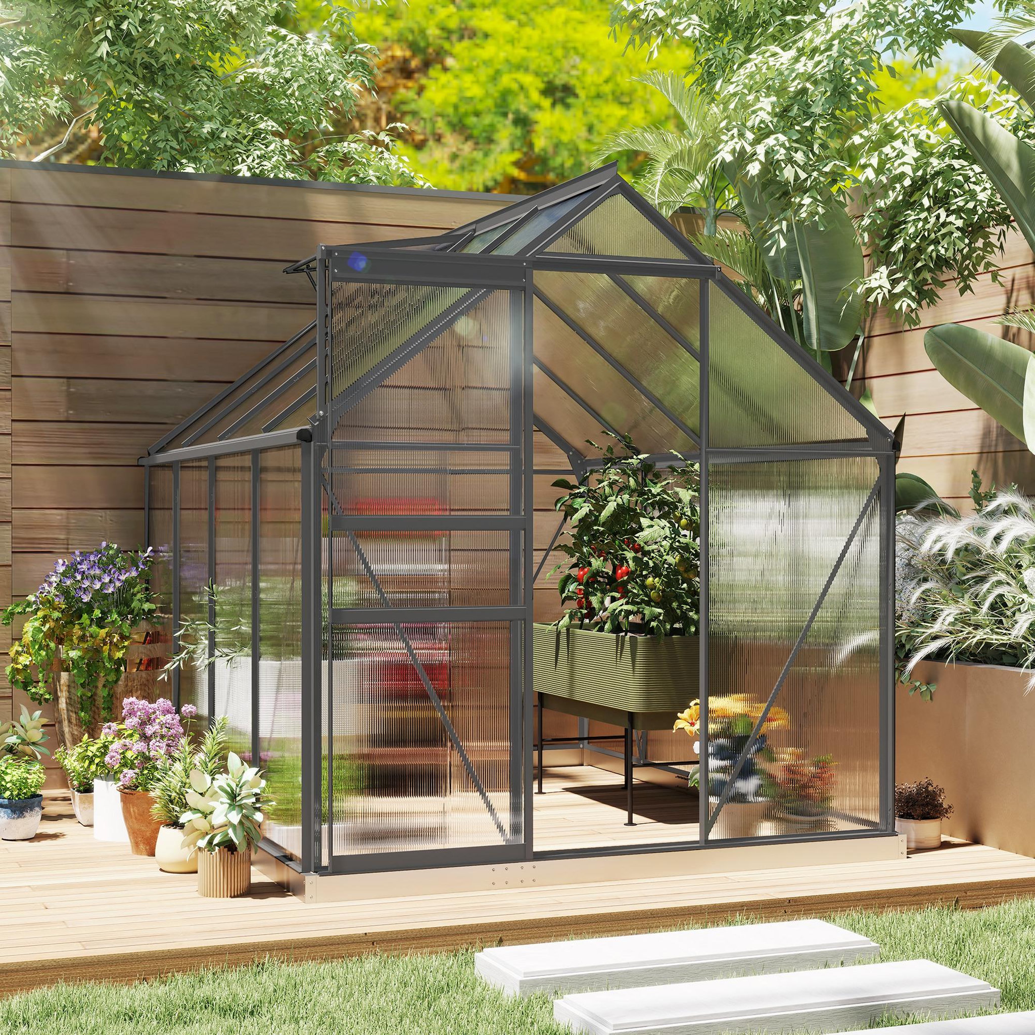Voir la diapositive 5 : OUTSUNNY Serre de jardin polycarbonate alu 4,8 m² dim. 2,53l x 1,9l x 1,99h m lucarne réglable fondation porte coulissante gris
