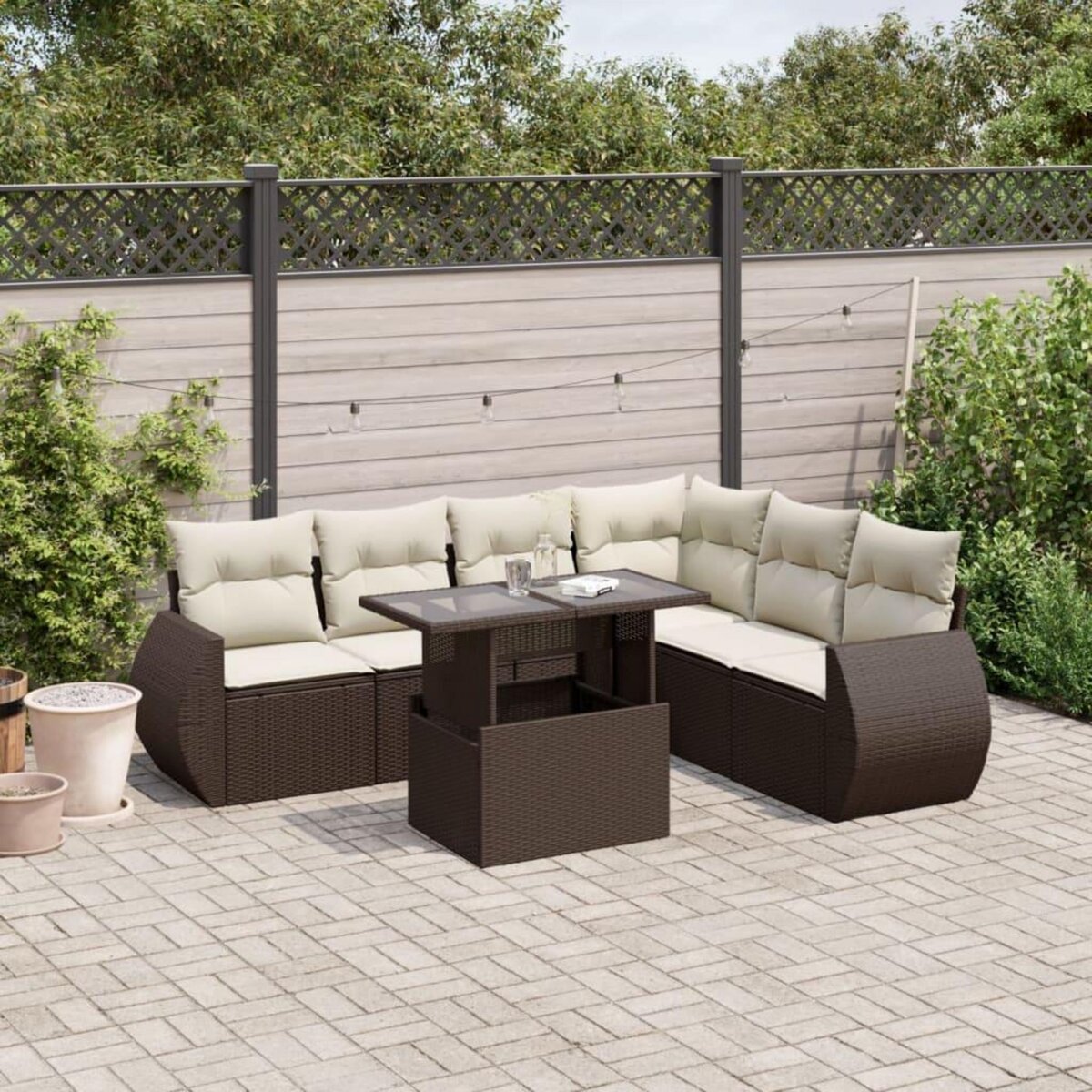 VIDAXL Salon de jardin avec coussins 7 pcs marron resine tressee