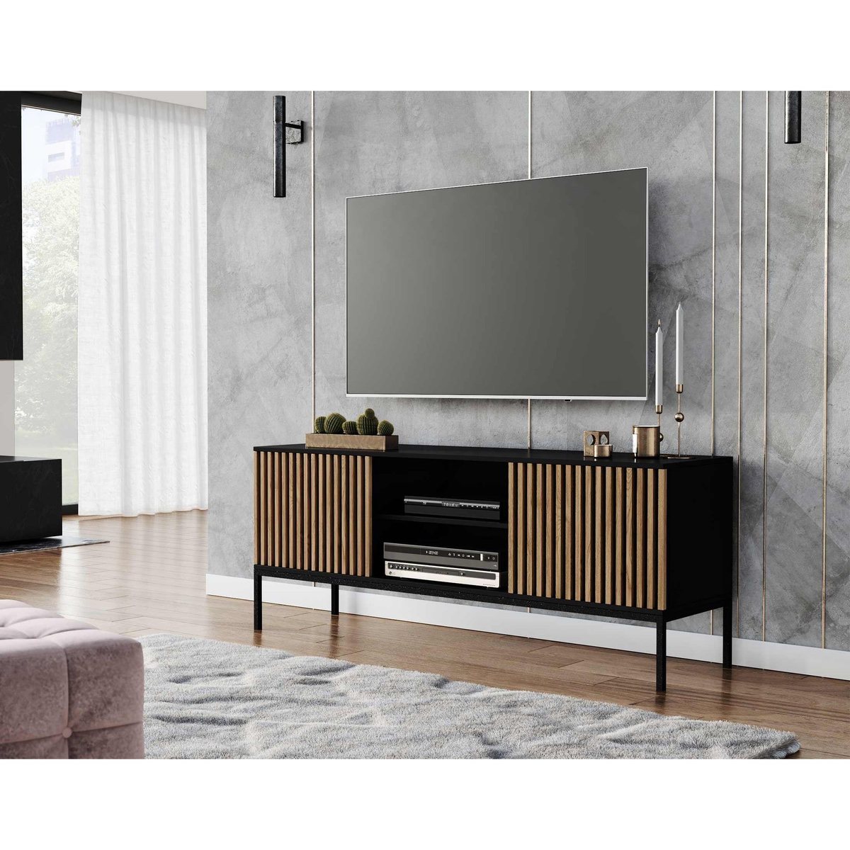 BEST MOBILIER Savanna - meuble tv - effet bois et noir - 2 portes et 2 niches - 150 cm