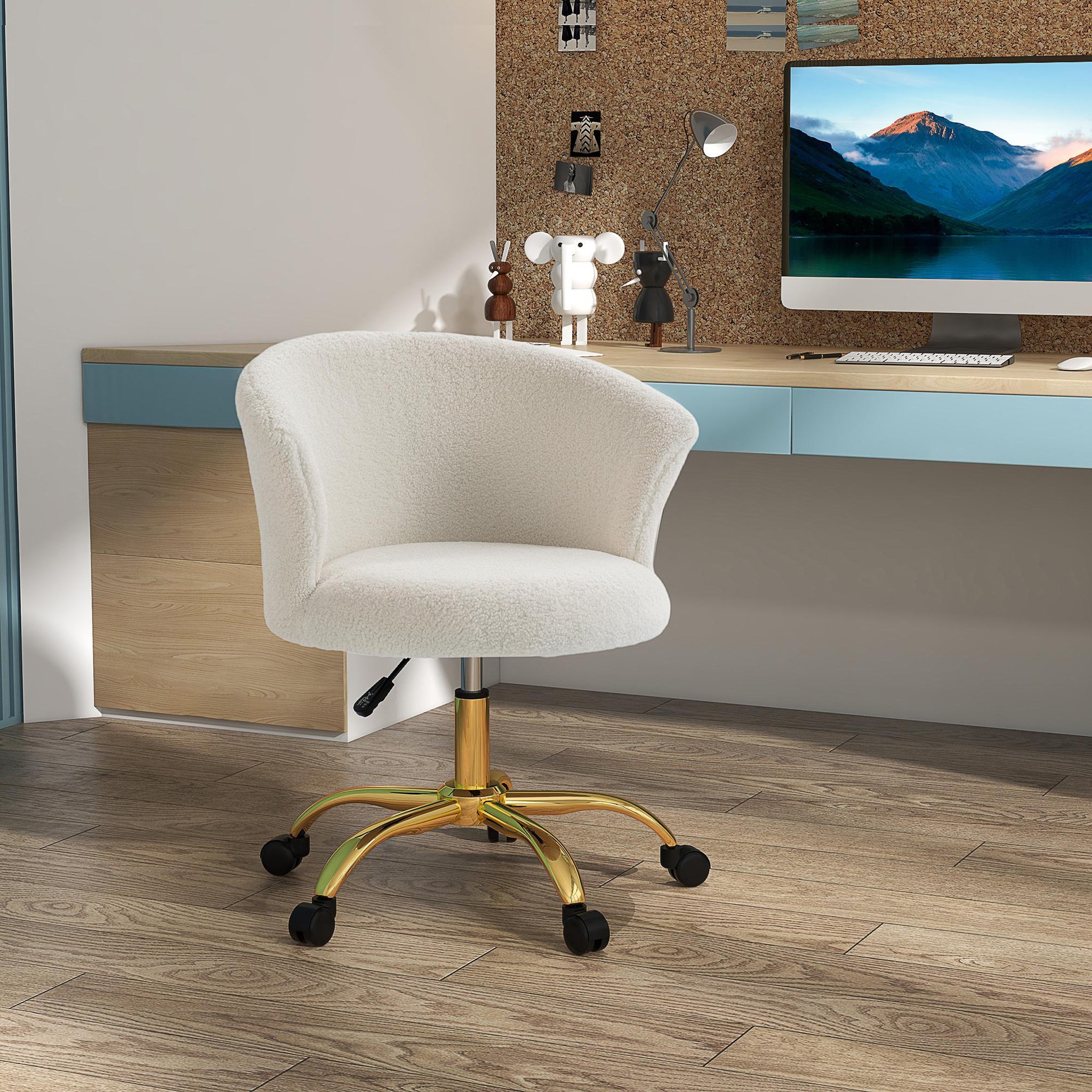 Voir la diapositive 2 : VINSETTO Chaise de bureau design effet courte laine bouclée piètement métal doré vert