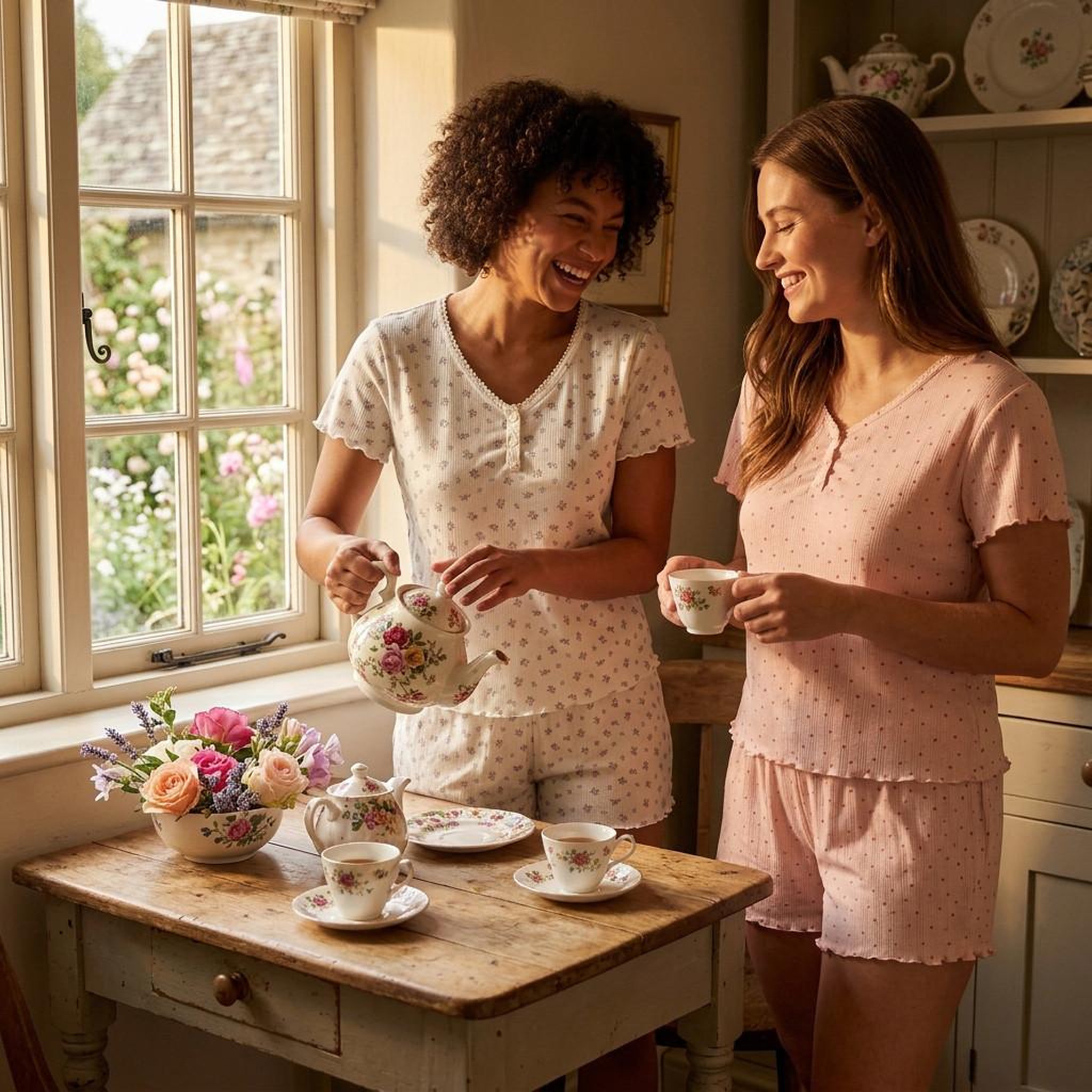 Voir la diapositive 4 : OZABI OZABI Pack 2 Pyjamas Femme, Col V Boutonné, Short Froufrou, Fleuri et Coeurs