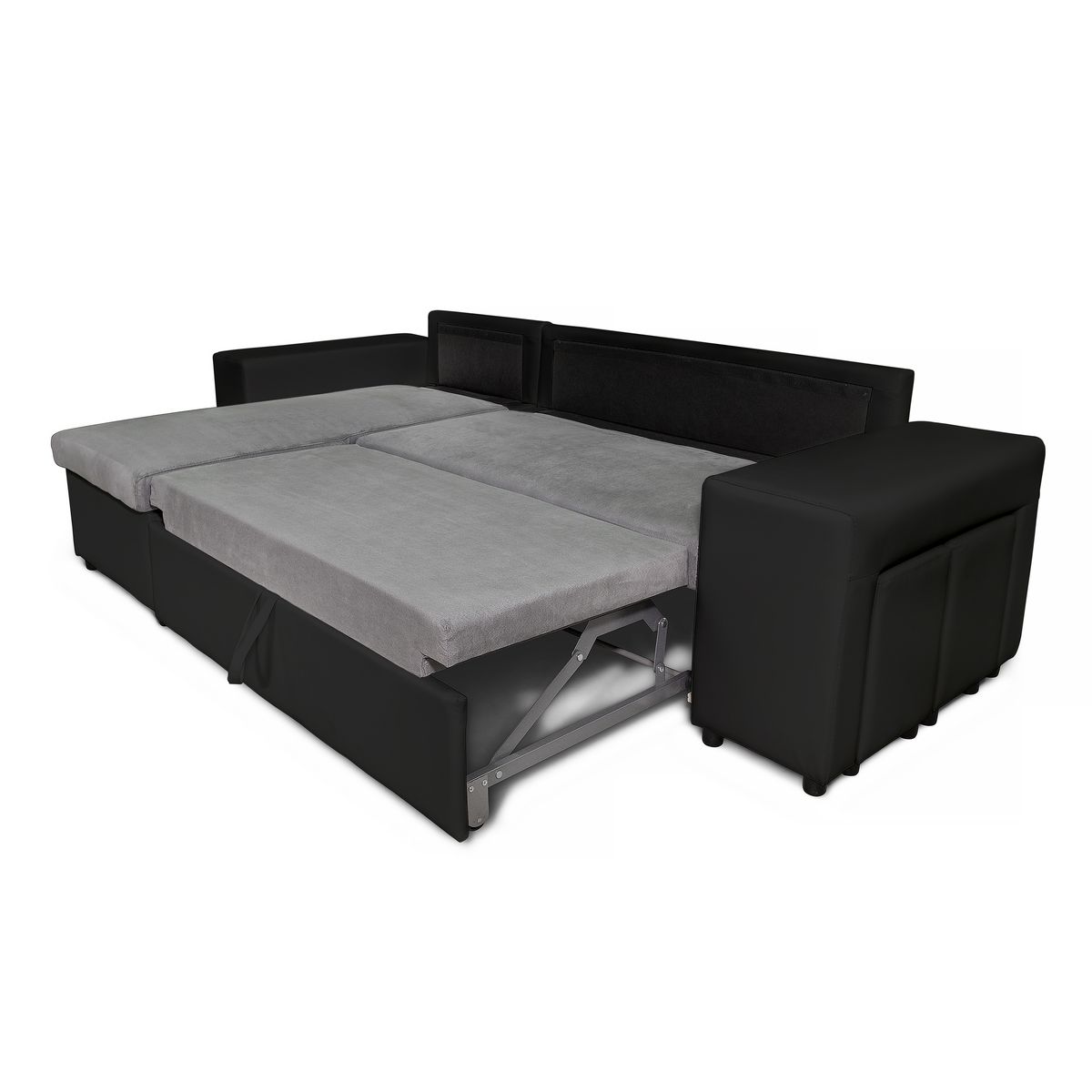 Canapé d'angle convertible avec coffre 3 places + 2 poufs à droite et étagère à gauche MACHA