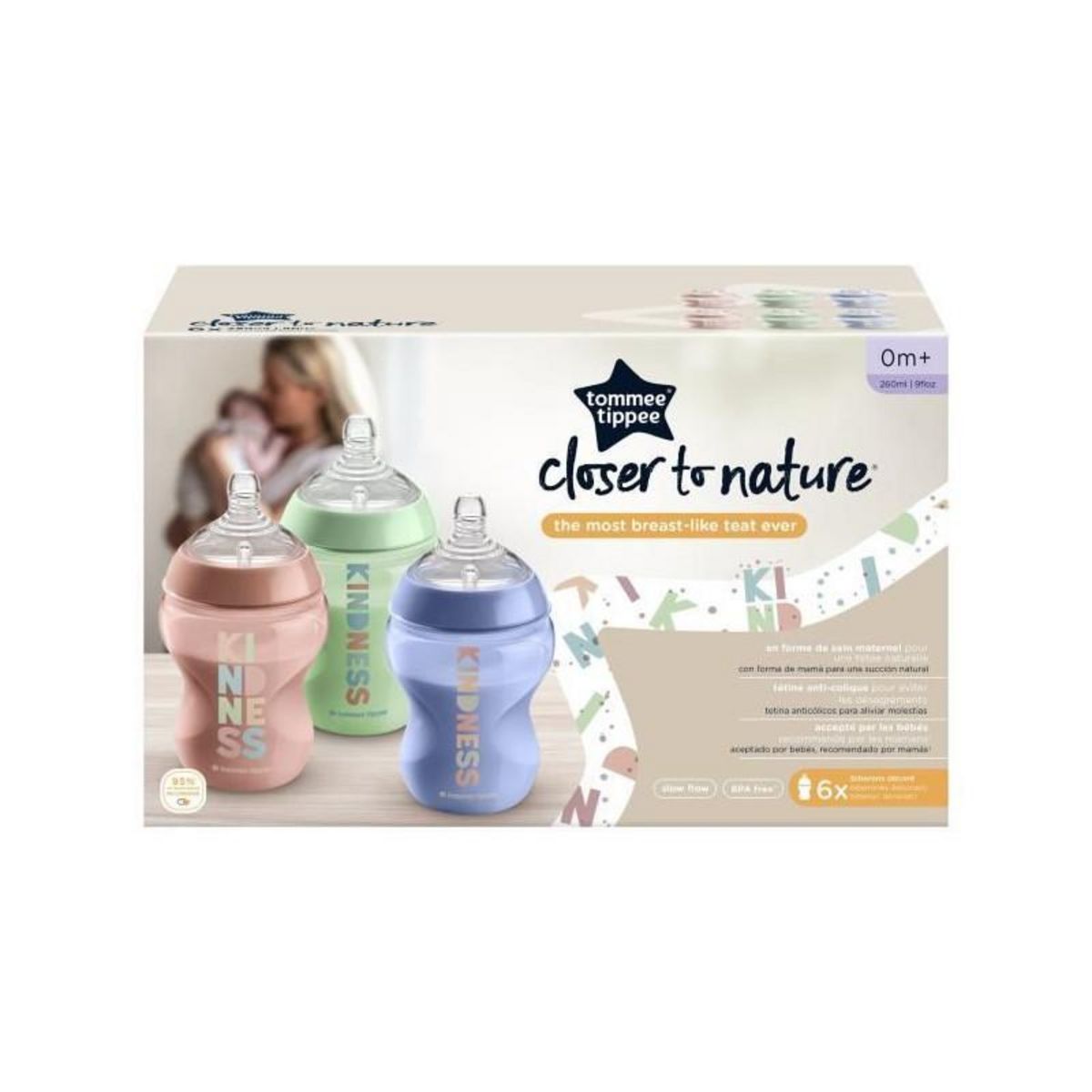TOMMEE TIPPEE TOMMEE TIPPEE - Lot de 6 biberons Closer to Nature - Tetine valve Anti-Colique - 260ml - Multicolore