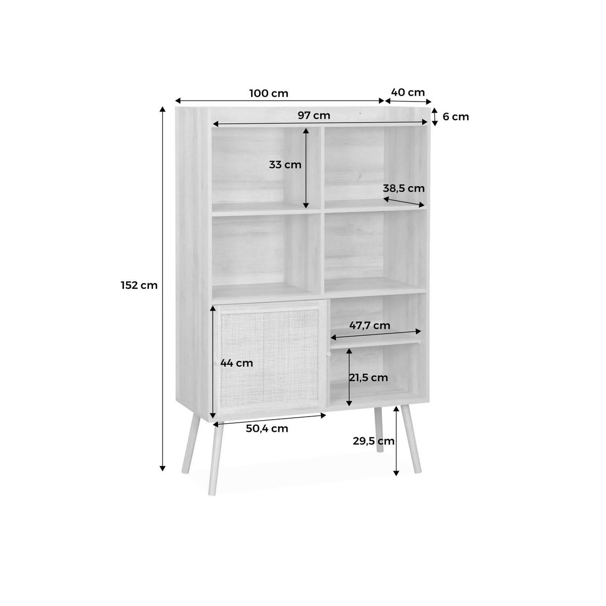 SWEEEK Etagère bibliothèque 5 étagères. 2 portes coulissantes. effet bois et cannage