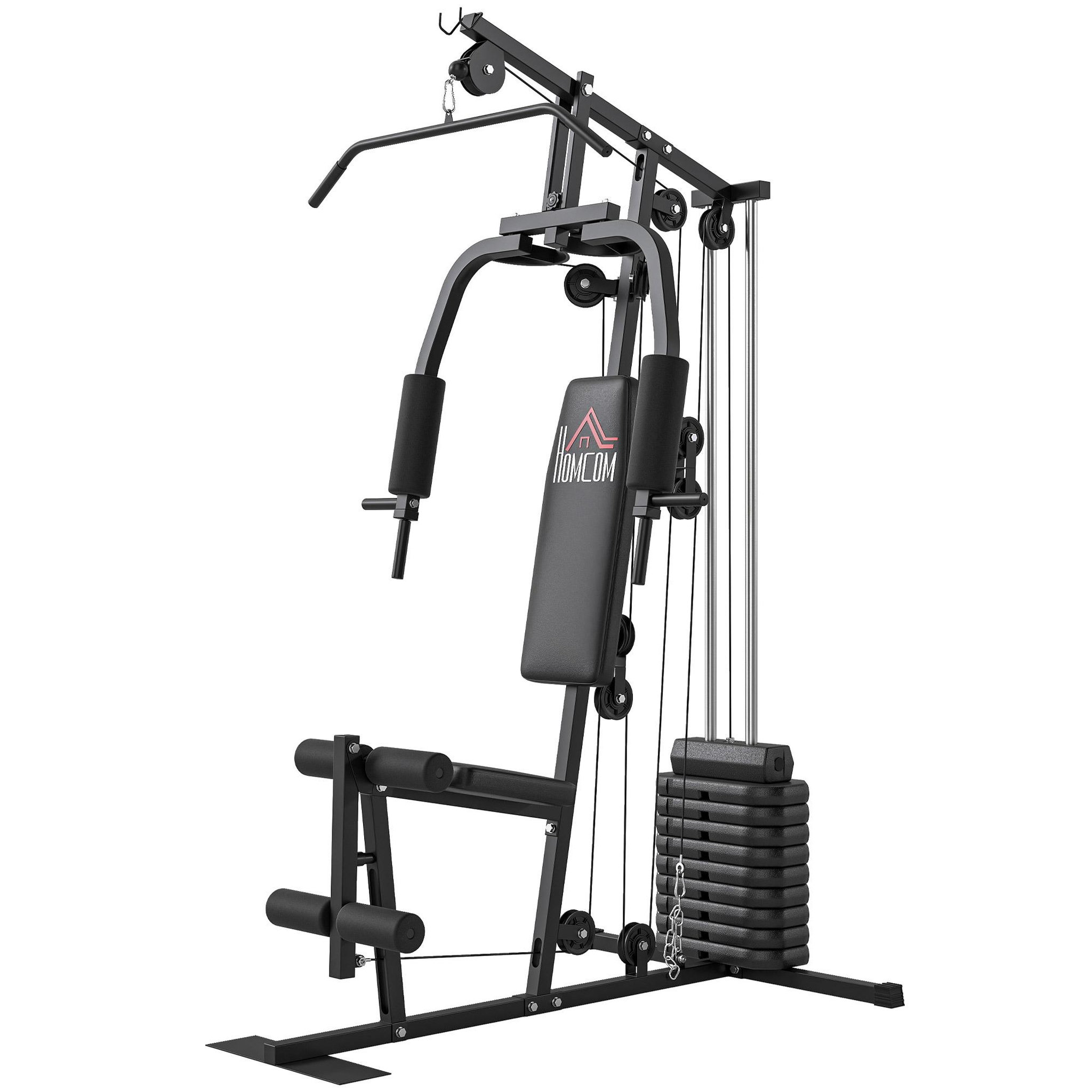 HOMCOM Station de musculation - entrainement complet - développé couché, butterfly, barre latissimus, curler - 9 contrepoids - acier noir