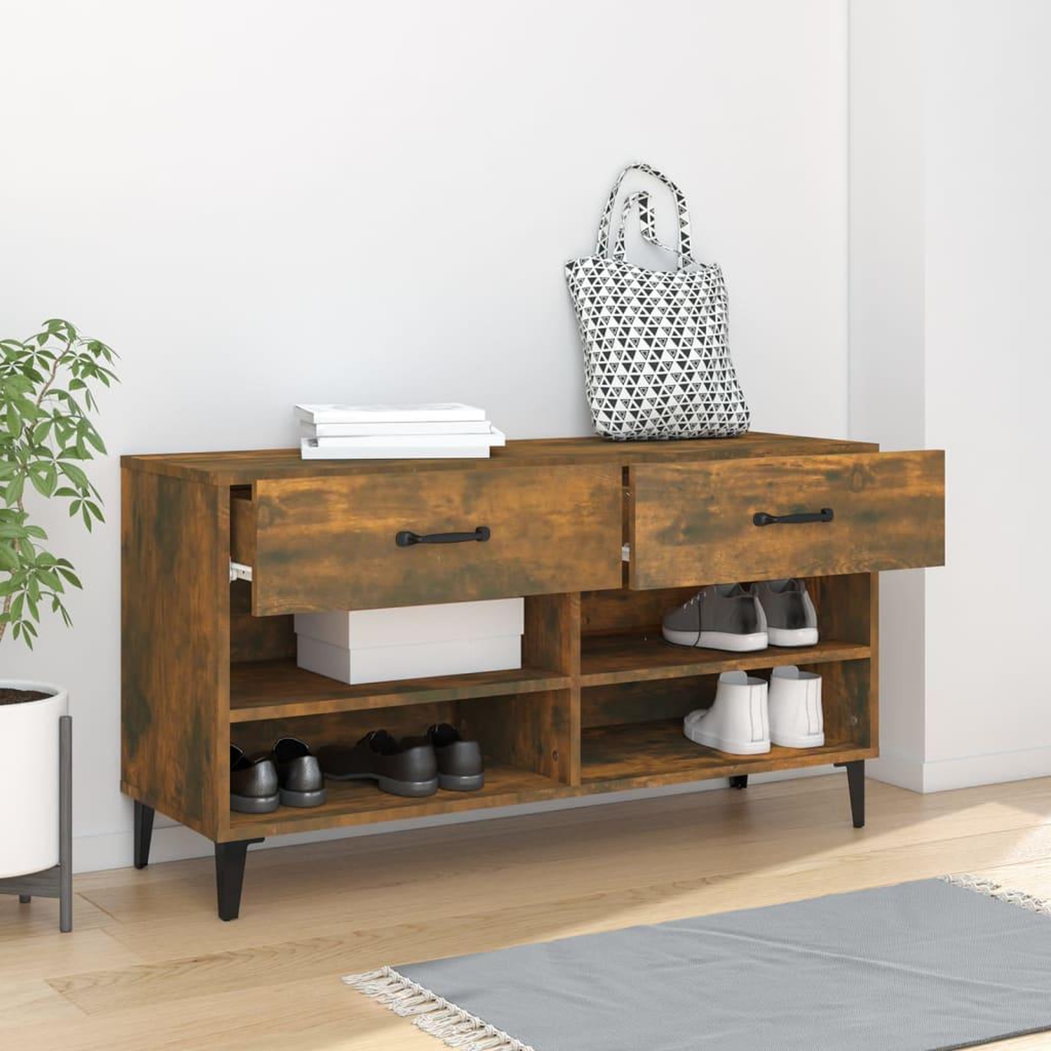 Voir la diapositive 3 : VIDAXL Meuble a chaussures chene fume 102x35x55 cm bois d'ingenierie
