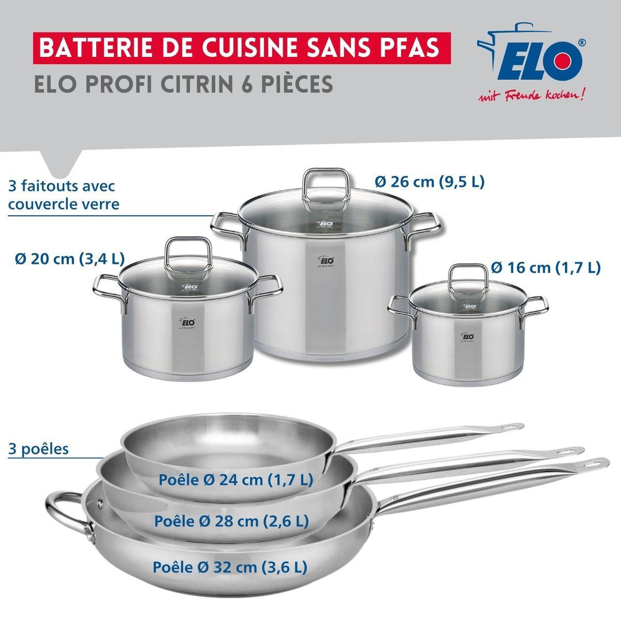 Voir la diapositive 2 : ELO Ensemble de 3 poêles de cuisson 24, 28 et 32 cm et 3 faitouts 16, 20 et 26 cm elo profi citrin