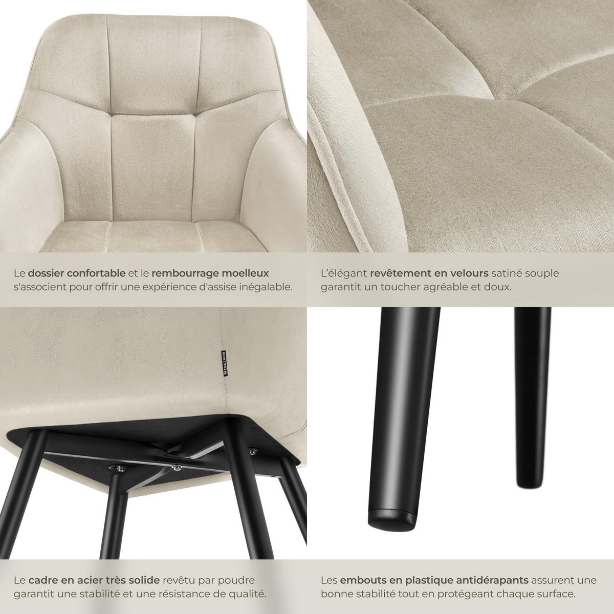 tectake Chaise de salle à manger rembourrée et en velours matelassé crème/noir Lot de 6