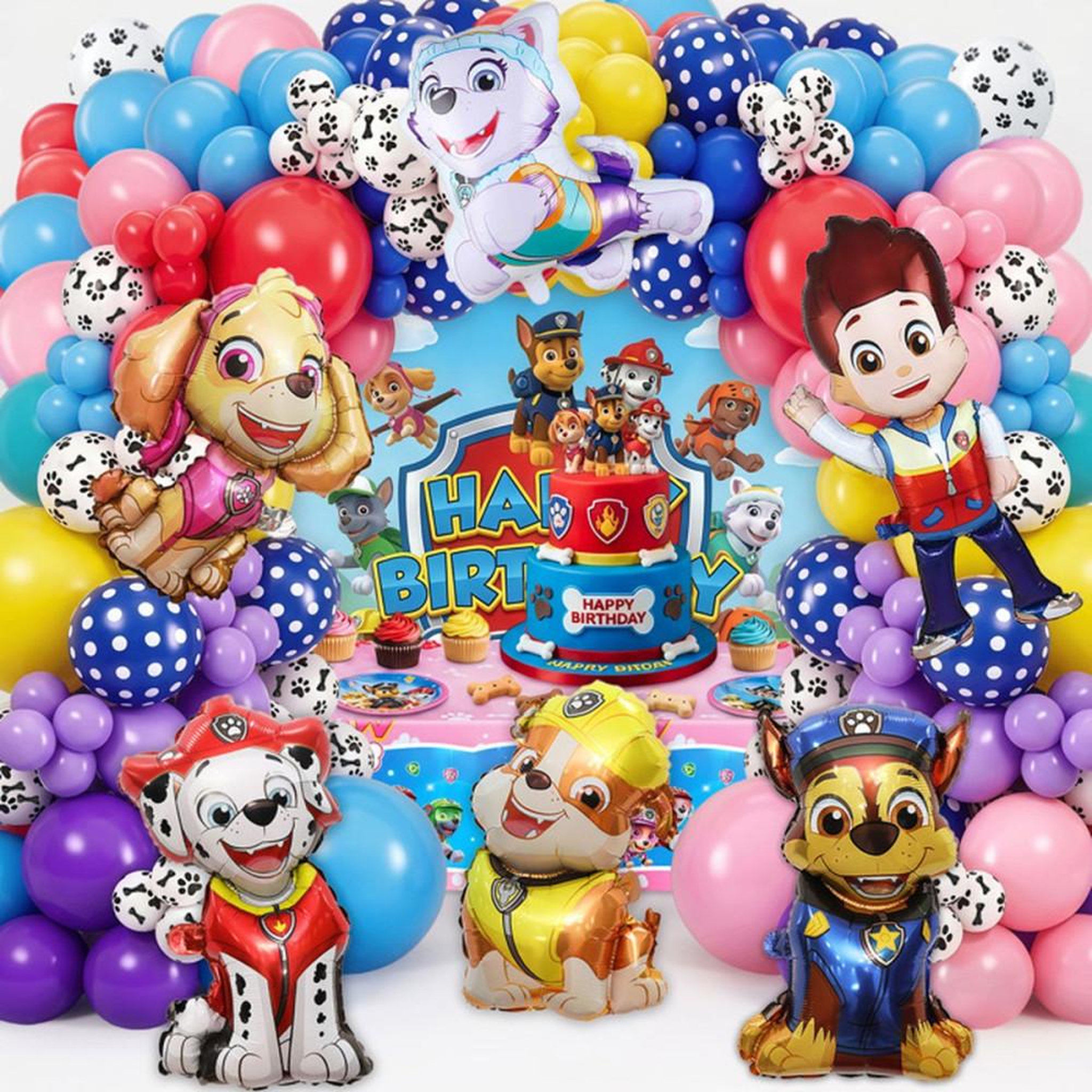 Kit décoration ballons anniversaire Paw Patrol 92 pièces avec ballons à motifs et ballons unis
