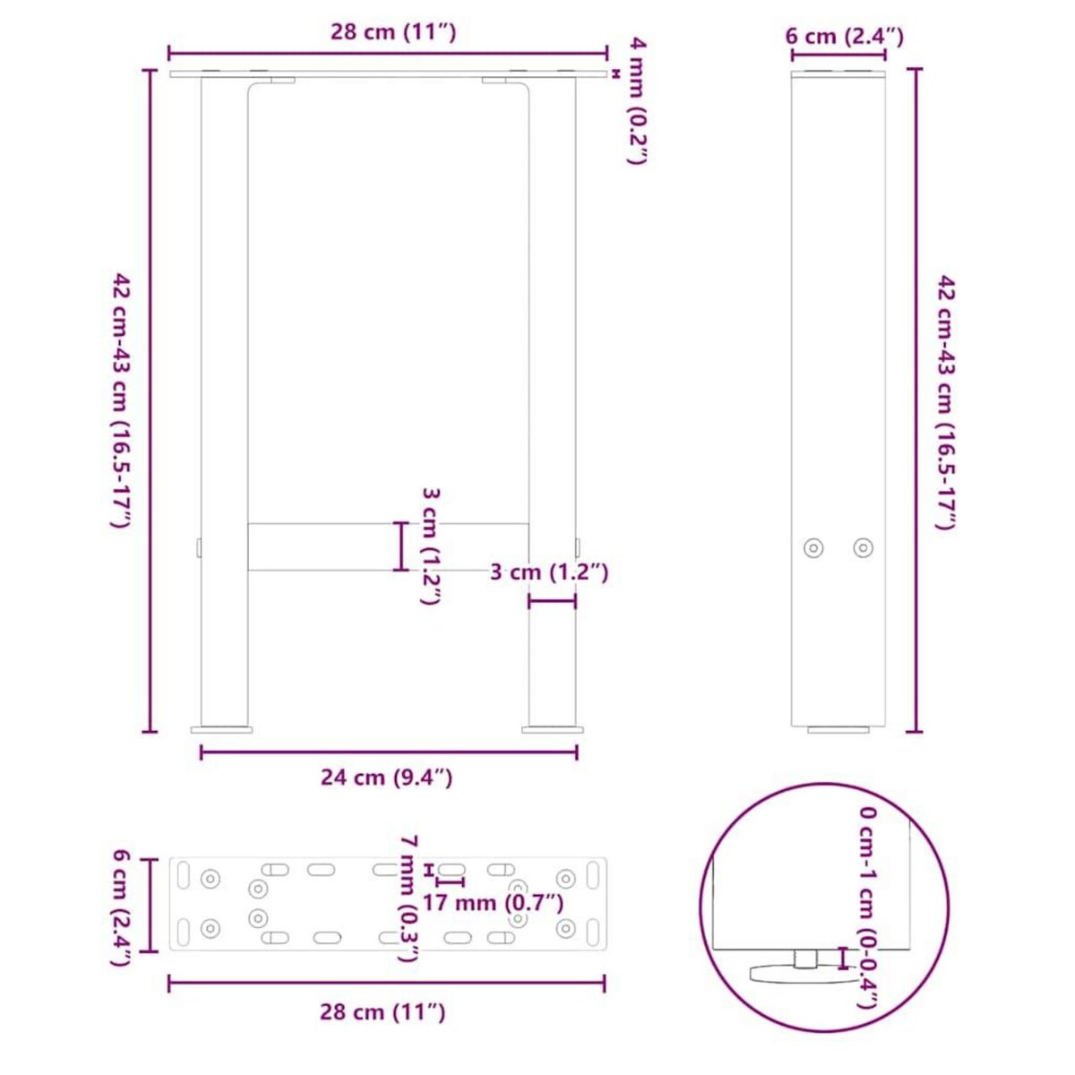 VIDAXL Pieds de table basse noir 2 pcs 28x(42-43) cm acier