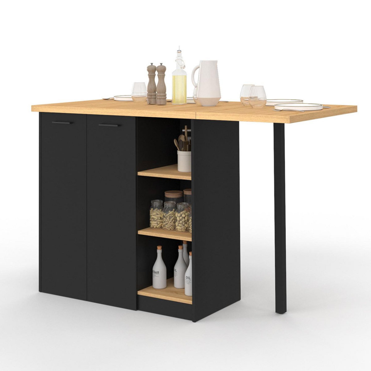 ID MARKET Ilot central CESAR 140 cm 5 personnes bois noir avec plan de travail façon hêtre