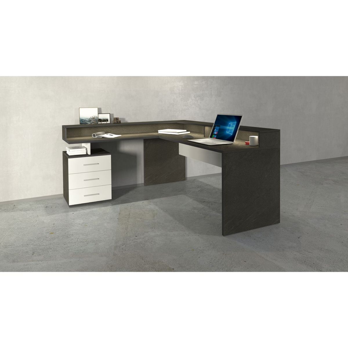 Bureau d'angle avec rehaussement 3 tiroirs L180 cm VASTO