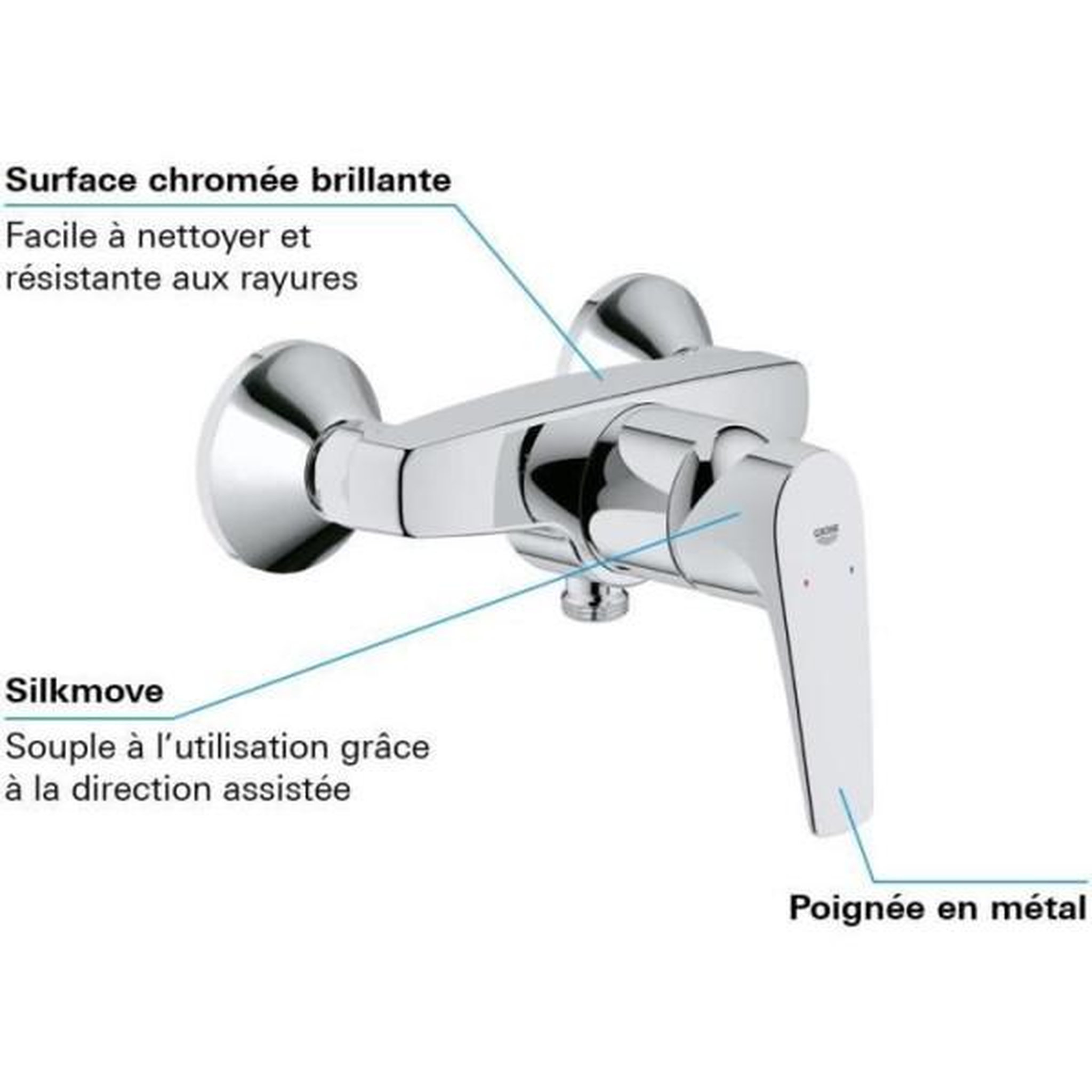 Voir la diapositive 3 : Grohe Grohe robinet douche monocommande start flow, montage mural, raccord fileté pour flexible en 1/2, rosaces métal incluses, 2377