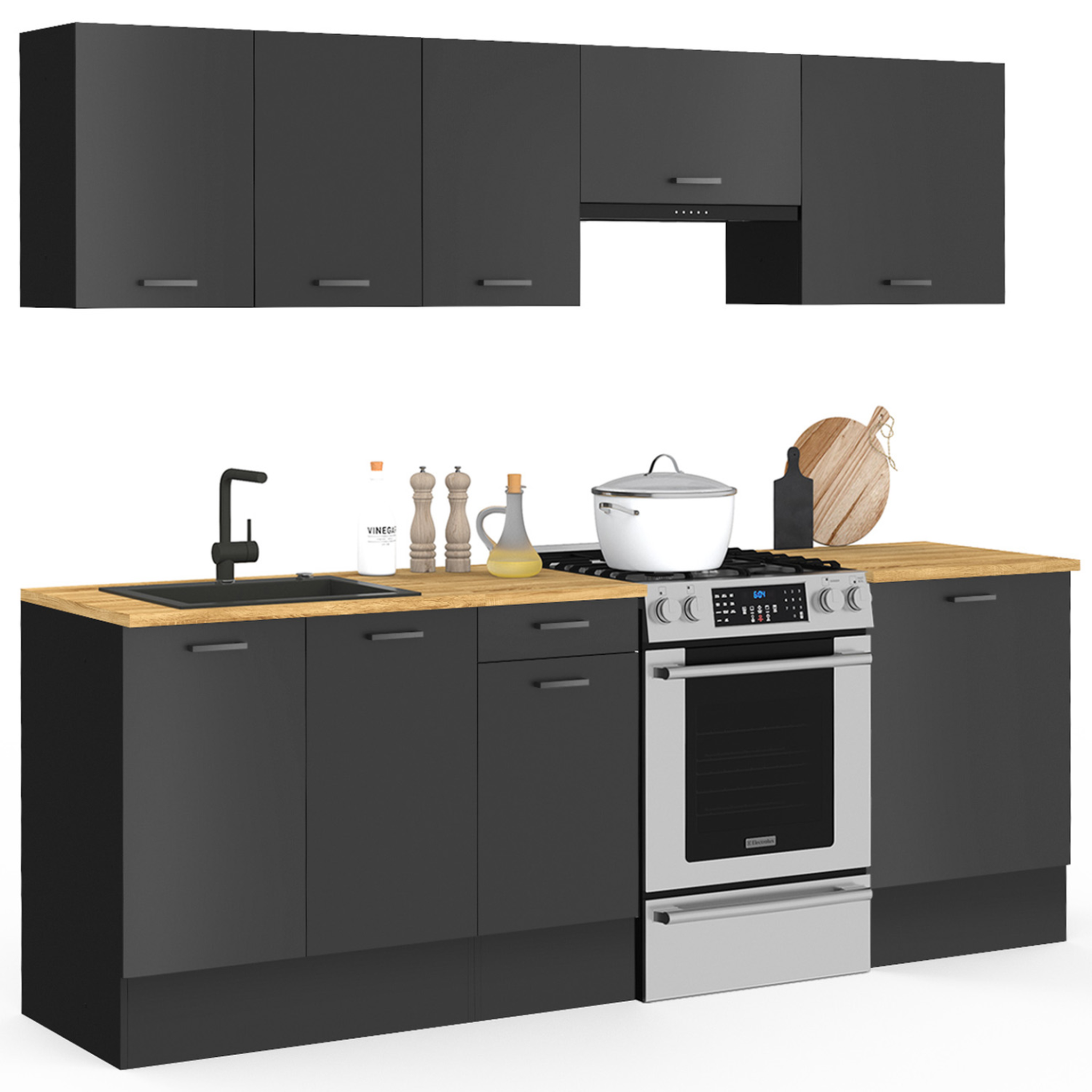 ID MARKET Cuisine complète 240 cm subtil avec plan de travail 7 éléments noir et plateaux bois