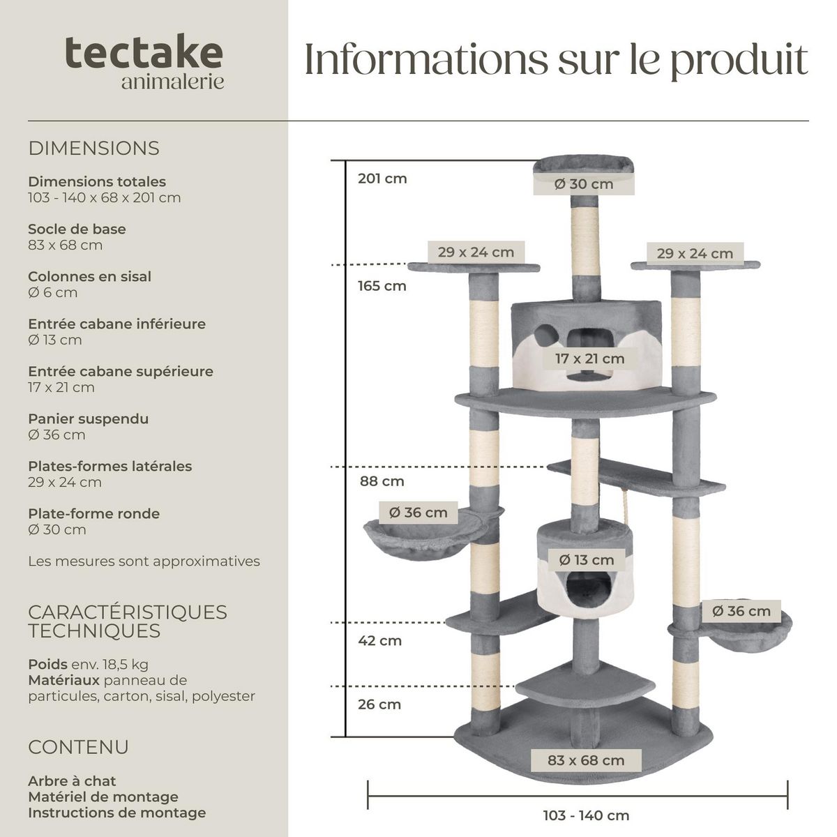 tectake Arbre à chat 201 cm avec griffoir et plateforme d'escalade gris/blanc