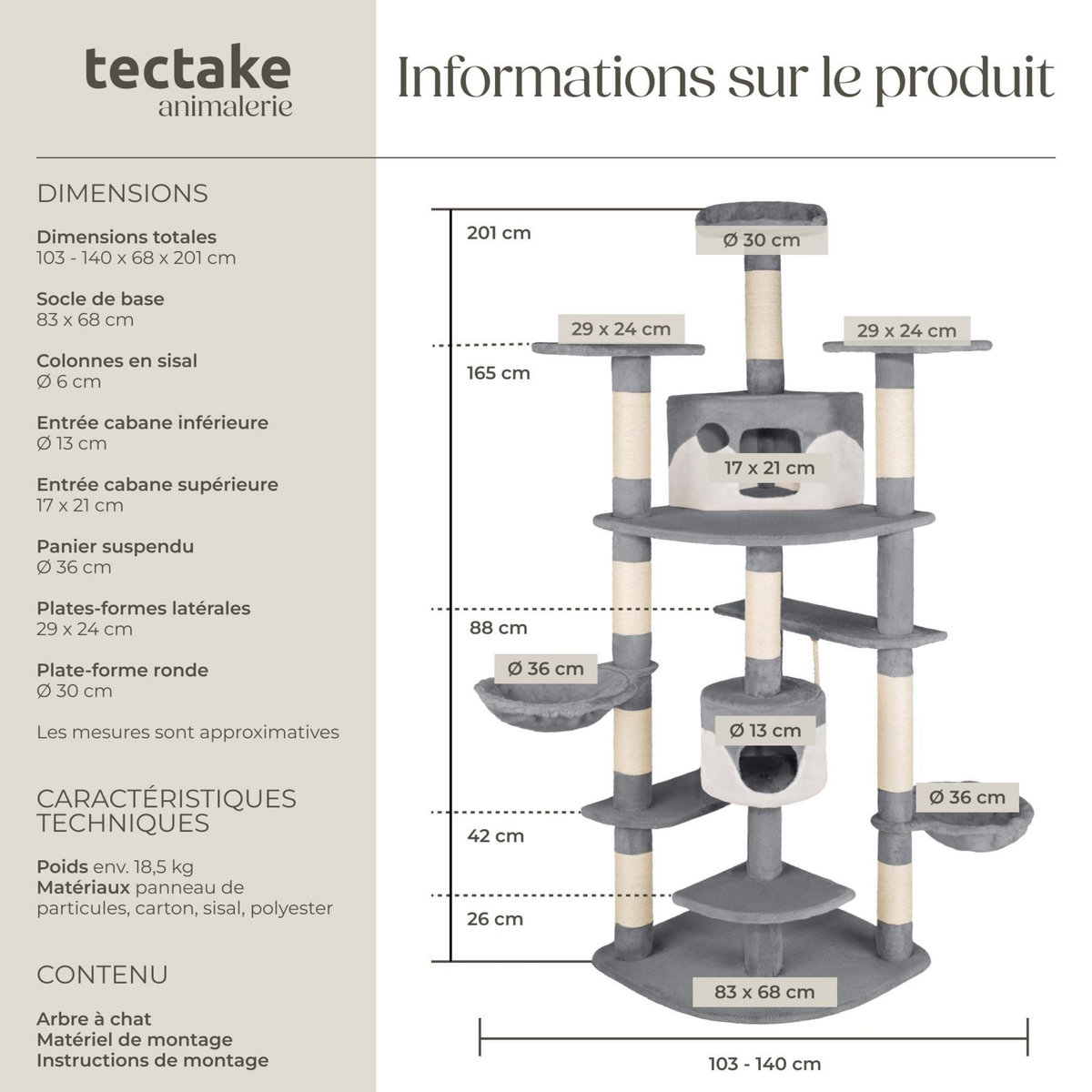 tectake Arbre à chat 201 cm avec griffoir et plateforme d'escalade gris/blanc