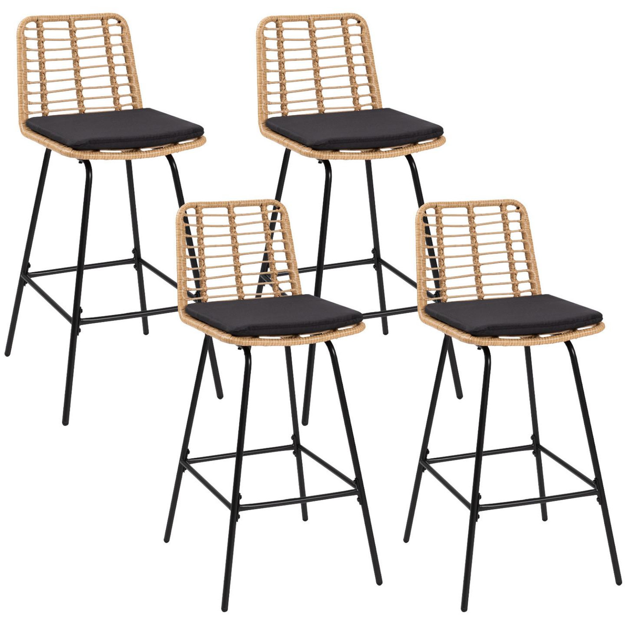ID MARKET Lot de 4 tabourets de bar summer effet rotin pied métal noir