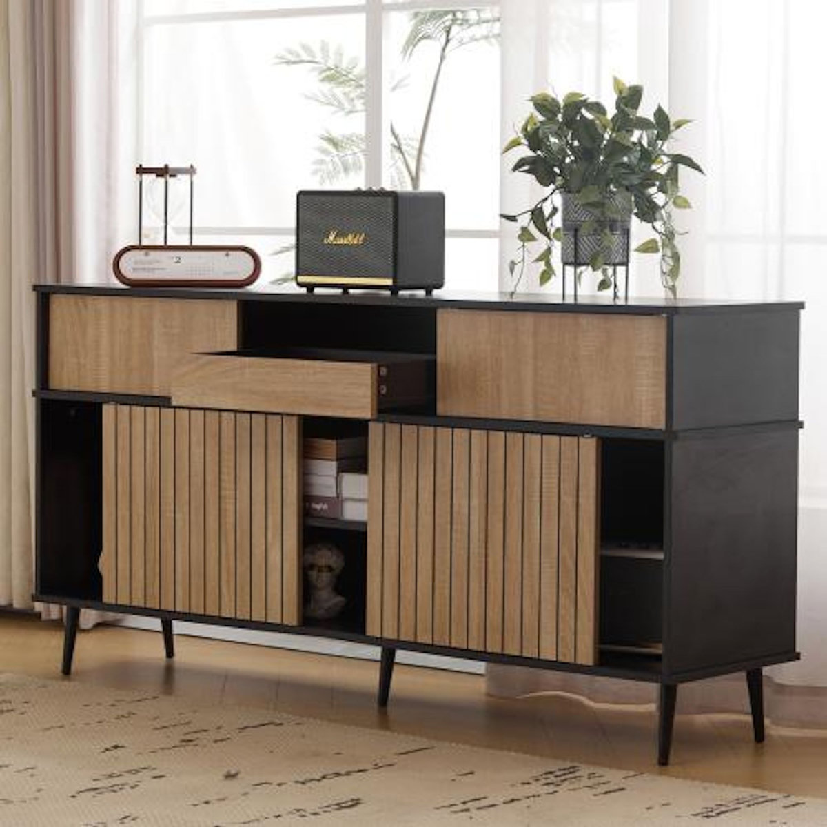 MERAX Buffet de cuisine 4 portes 1 tiroir - 160 cm noir+naturel panneau de particules