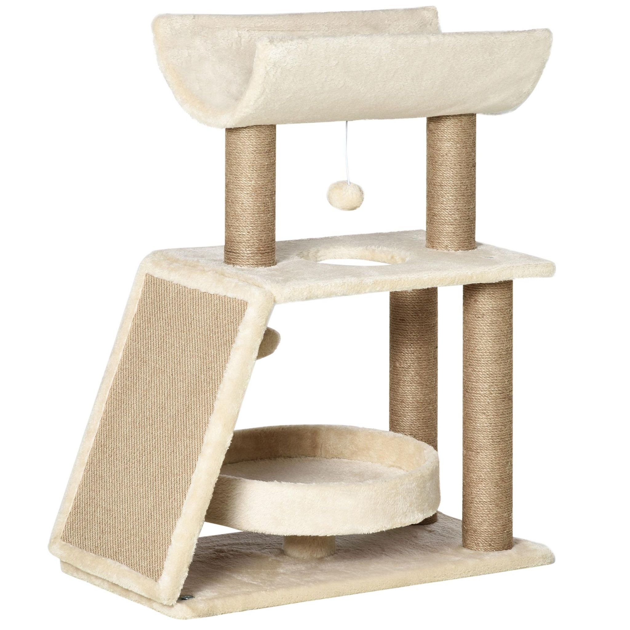 PAWHUT Arbre à chat griffoirs grattoir jeu boules suspendues plateformes ronde, rectangulaire et demi-cylindrique peluche jute naturelle beige