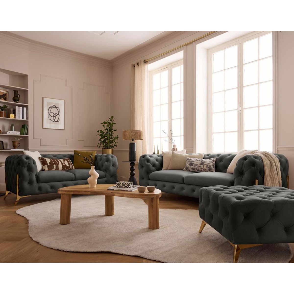 LISA DESIGN Camden - canapé 3 places chesterfield en velours - pieds en métal doré