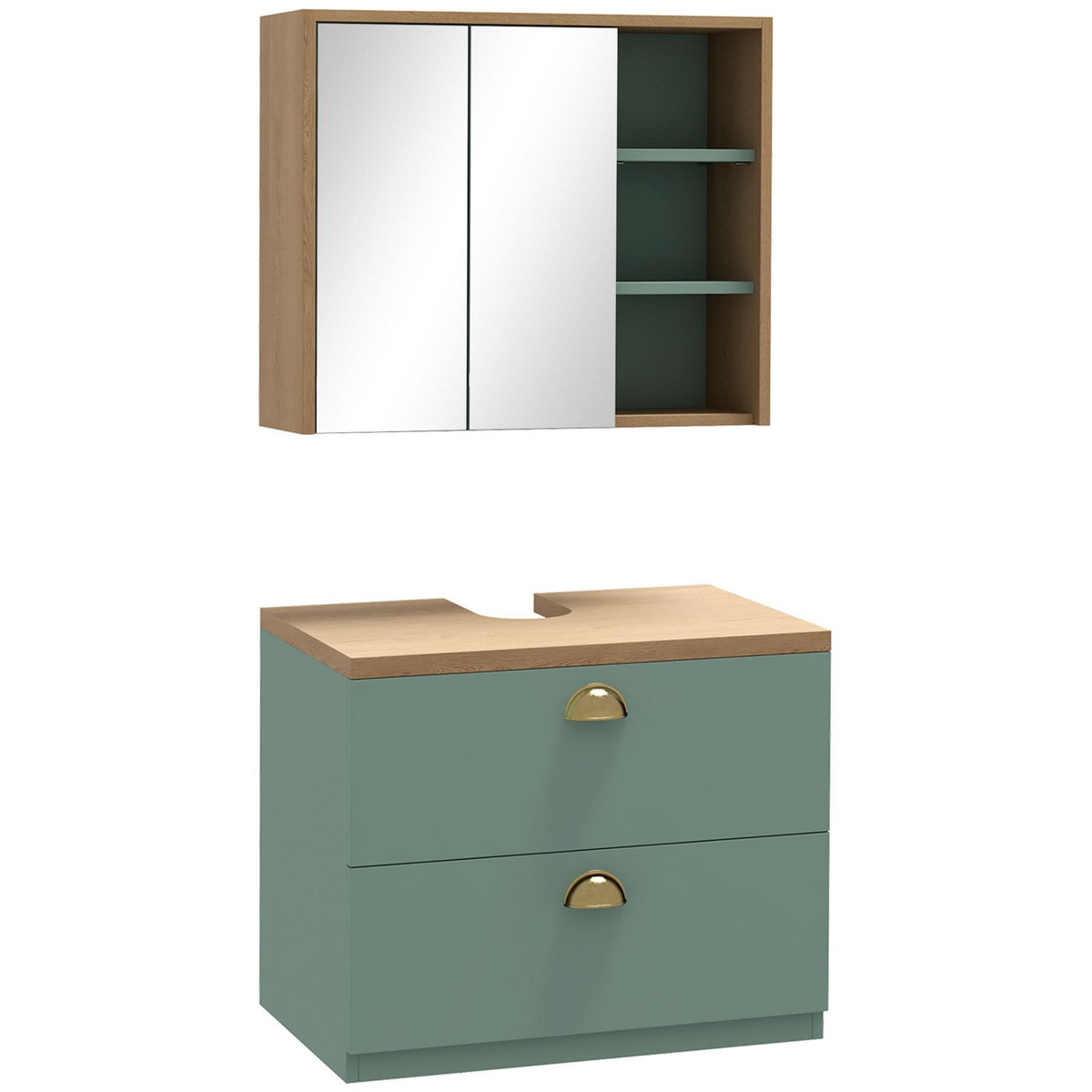 KLEANKIN Ensemble 2 meubles salle de bain - meuble sous-vasque suspendu, armoire murale miroir - aspect bois clair vert