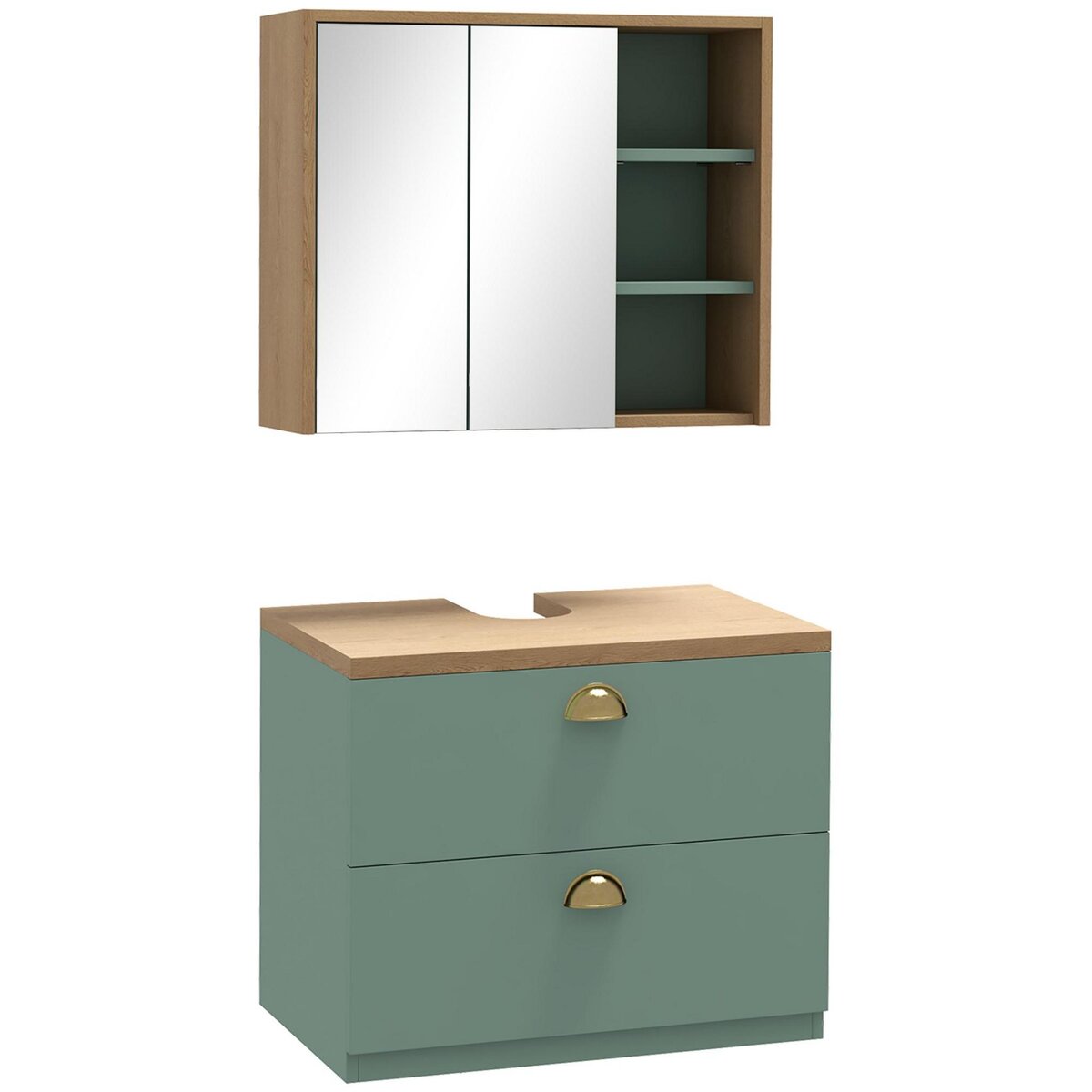 KLEANKIN Ensemble 2 meubles salle de bain - meuble sous-vasque suspendu, armoire murale miroir - aspect bois clair vert