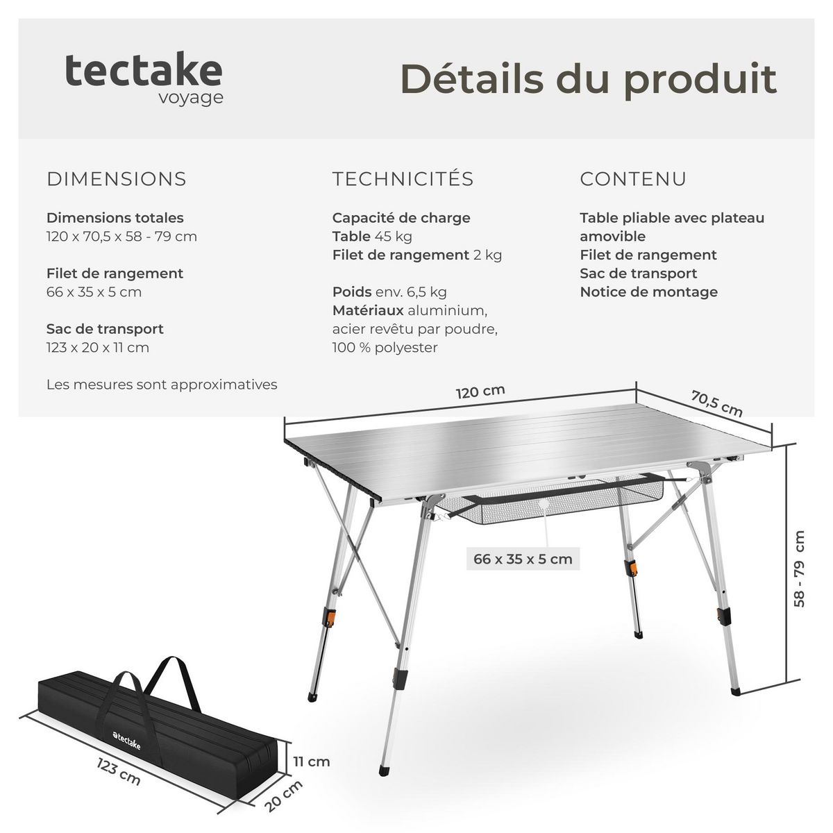 tectake Table de camping pliante argent