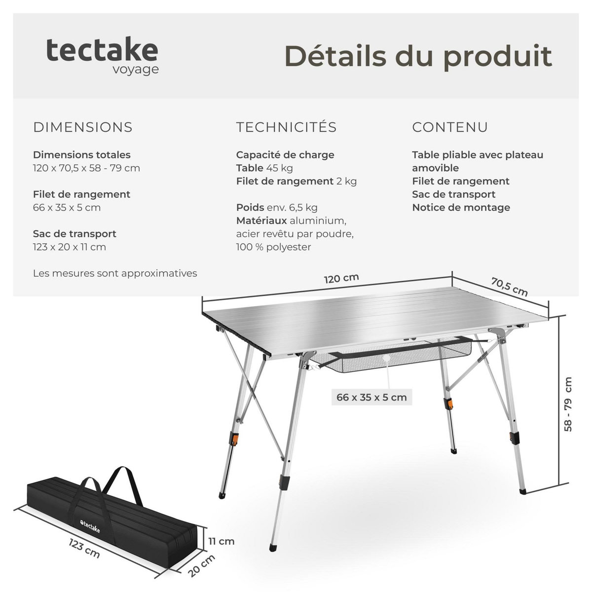 tectake Table de camping pliante argent