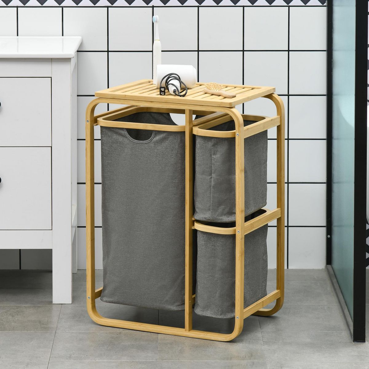 HOMCOM Panier à linge corbeille à linge bac linge sale 3 paniers amovibles bambou non-tissé gris