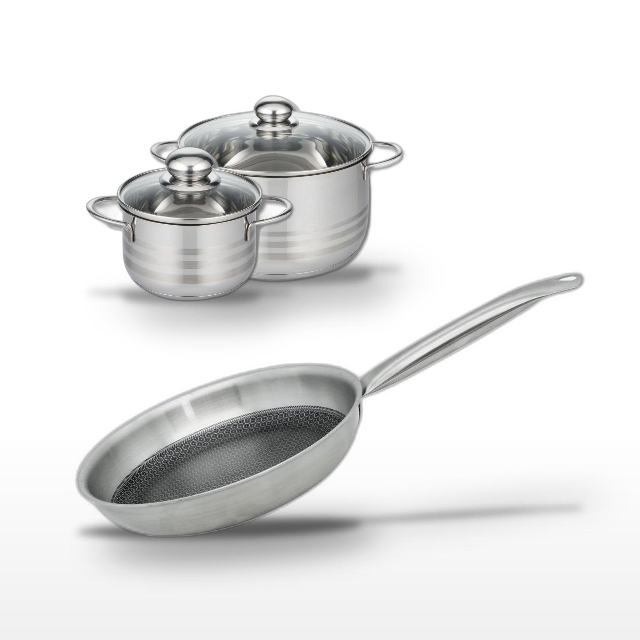 ELO Batterie de cuisine avec 1 poêle de cuisson 24 cm et 2 faitouts 16/24 cm en inox sans pfas elo collection relief solution brillant