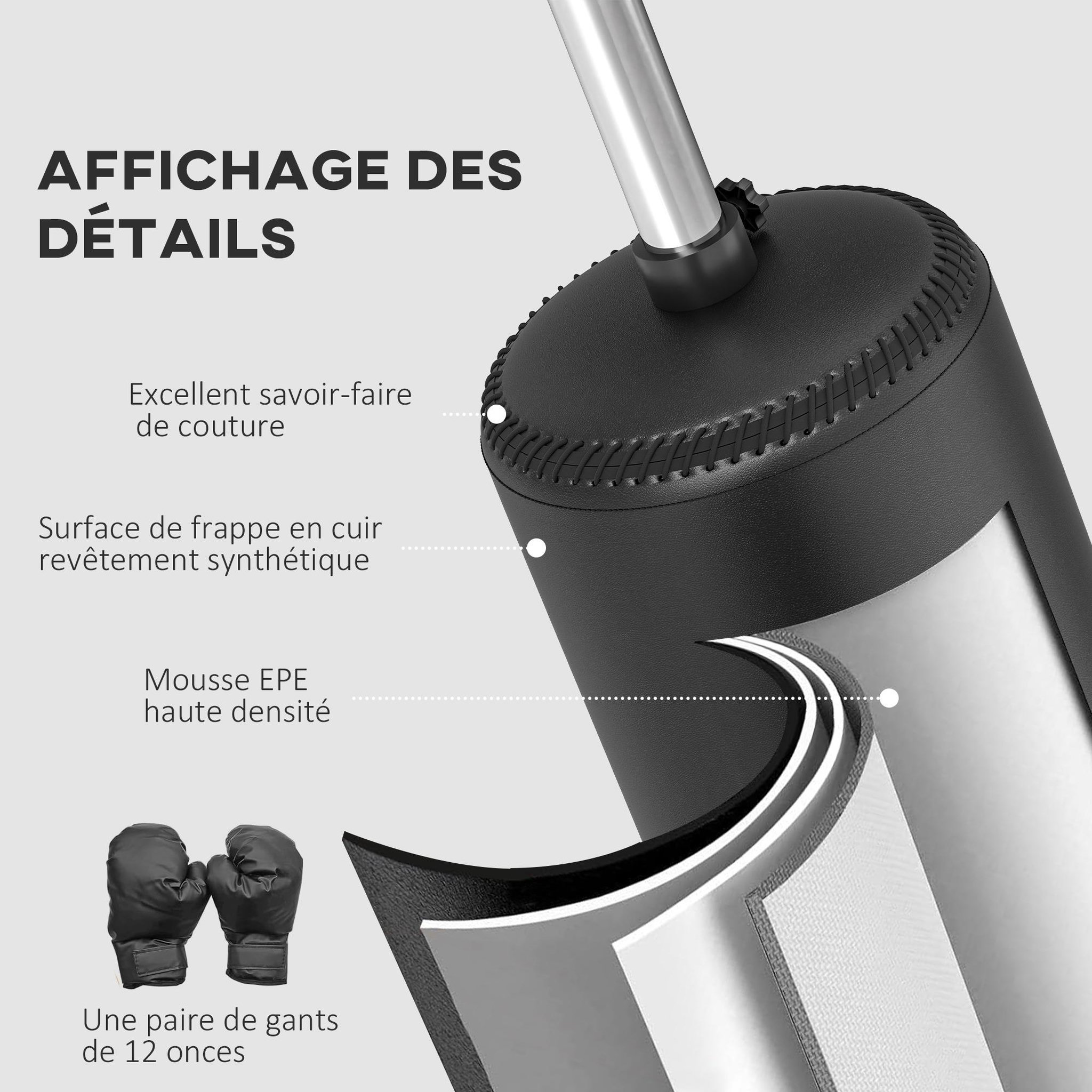 Voir la diapositive 6 : HOMCOM Sac de frappe boxe autoportant punching ball brunier 3 en 1 revêtement synthétique dim. 88l x 48l x 155-205h cm noir
