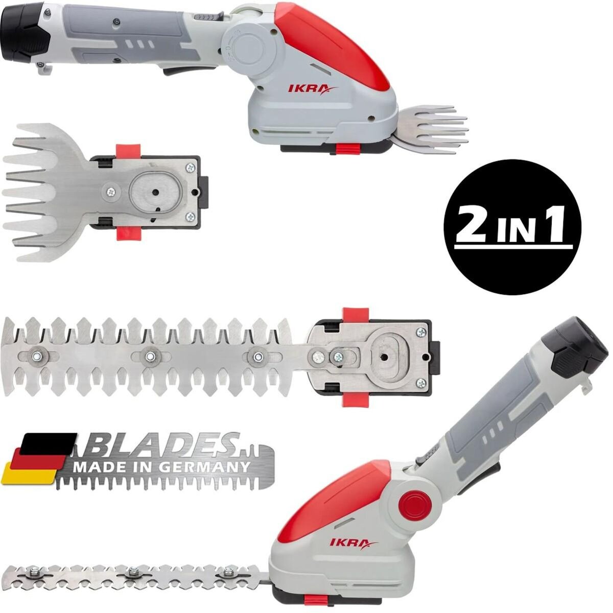 Ikra Cisaille à gazon et Taille buisson Télescopique sans fil à batterie 12V Inclus 2 lames 10cm et 20cm Chargeur 12V IKRA