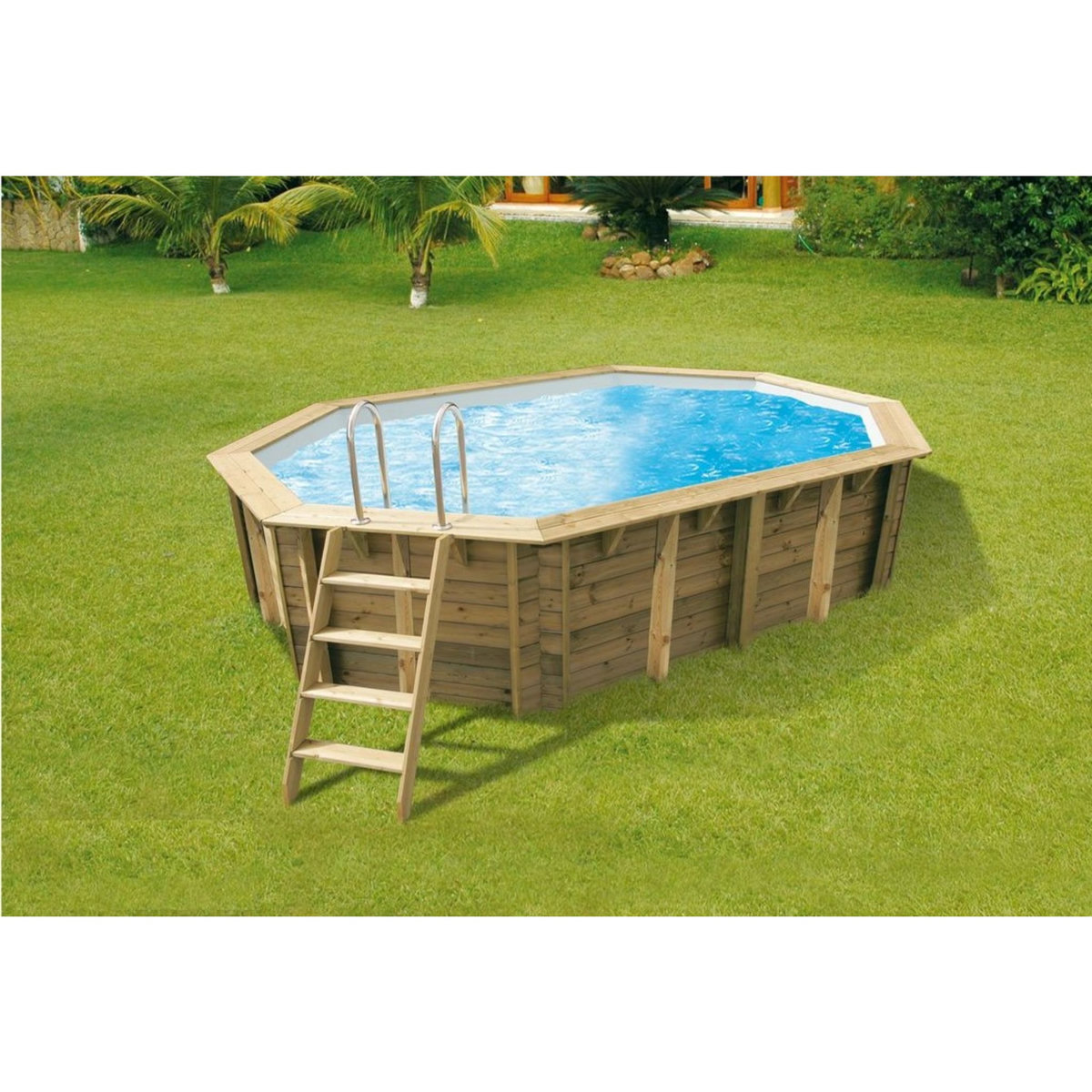 Piscine bois Sunwater 300x490  - H120cm - Liner Bleu Bâche à bulles bordée - 300x490 cm