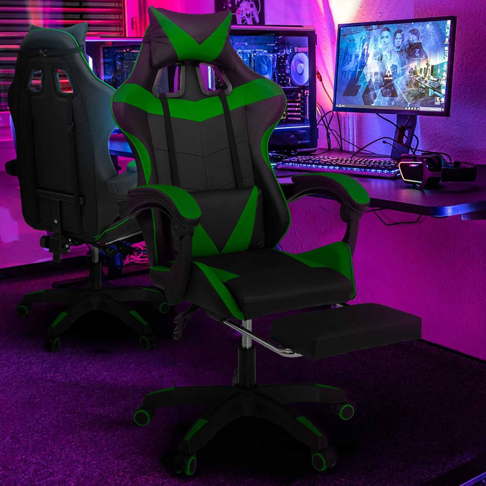Voir la diapositive 2 : ID MARKET Fauteuil de gaming alex réglable avec repose-pied, coussin de tête et coussin lombaire noir et vert