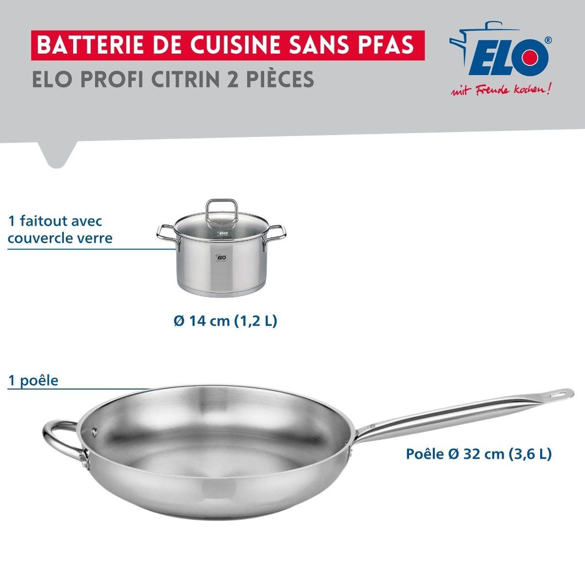 Voir la diapositive 2 : ELO Ensemble de 1 poêle de cuisson 32 cm et 1 faitout 14 cm elo profi citrin