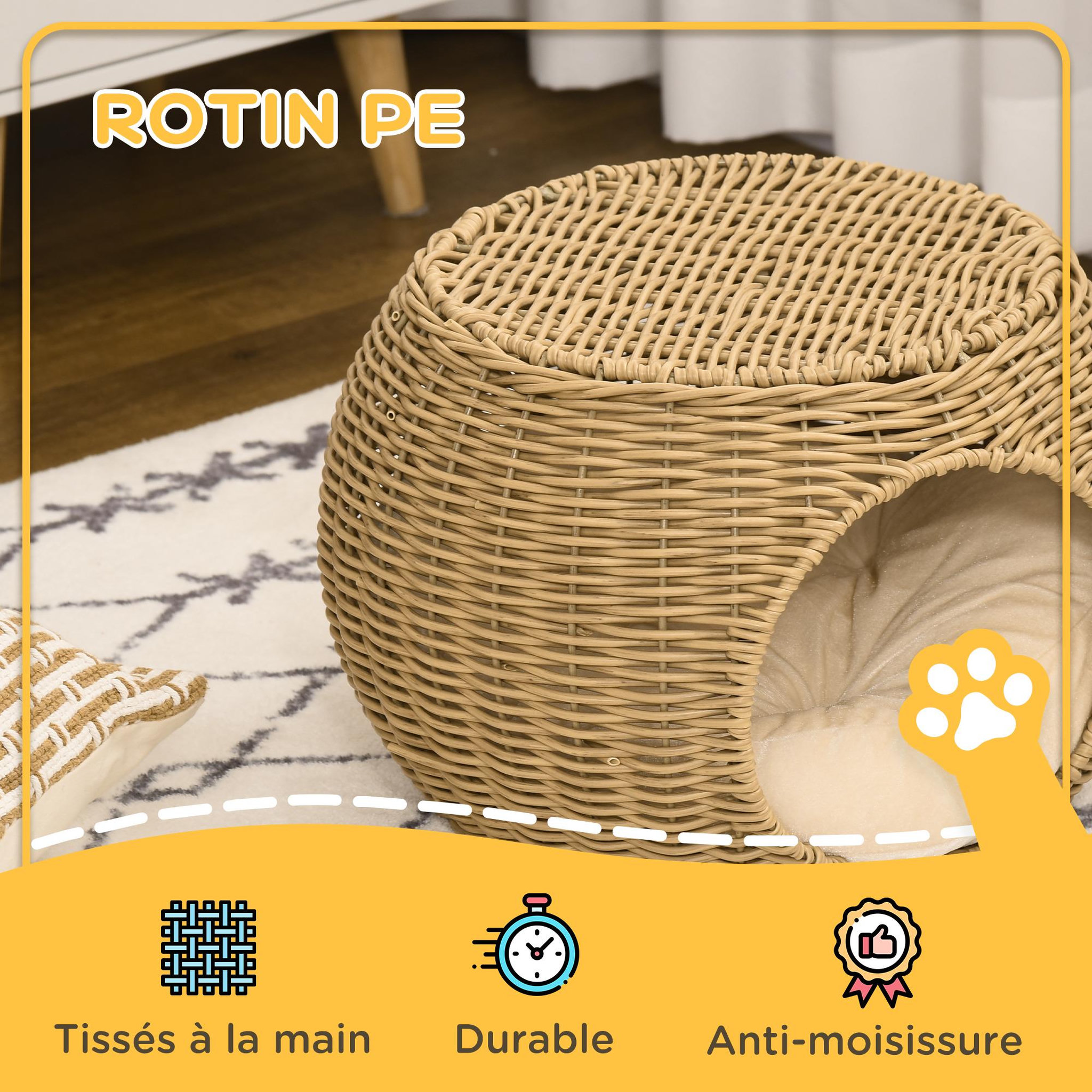 Voir la diapositive 4 : PAWHUT Panier chat lit chat cosy grand confort dim. Ø 40 x 30h cm coussin moelleux inclus polyester résine beige