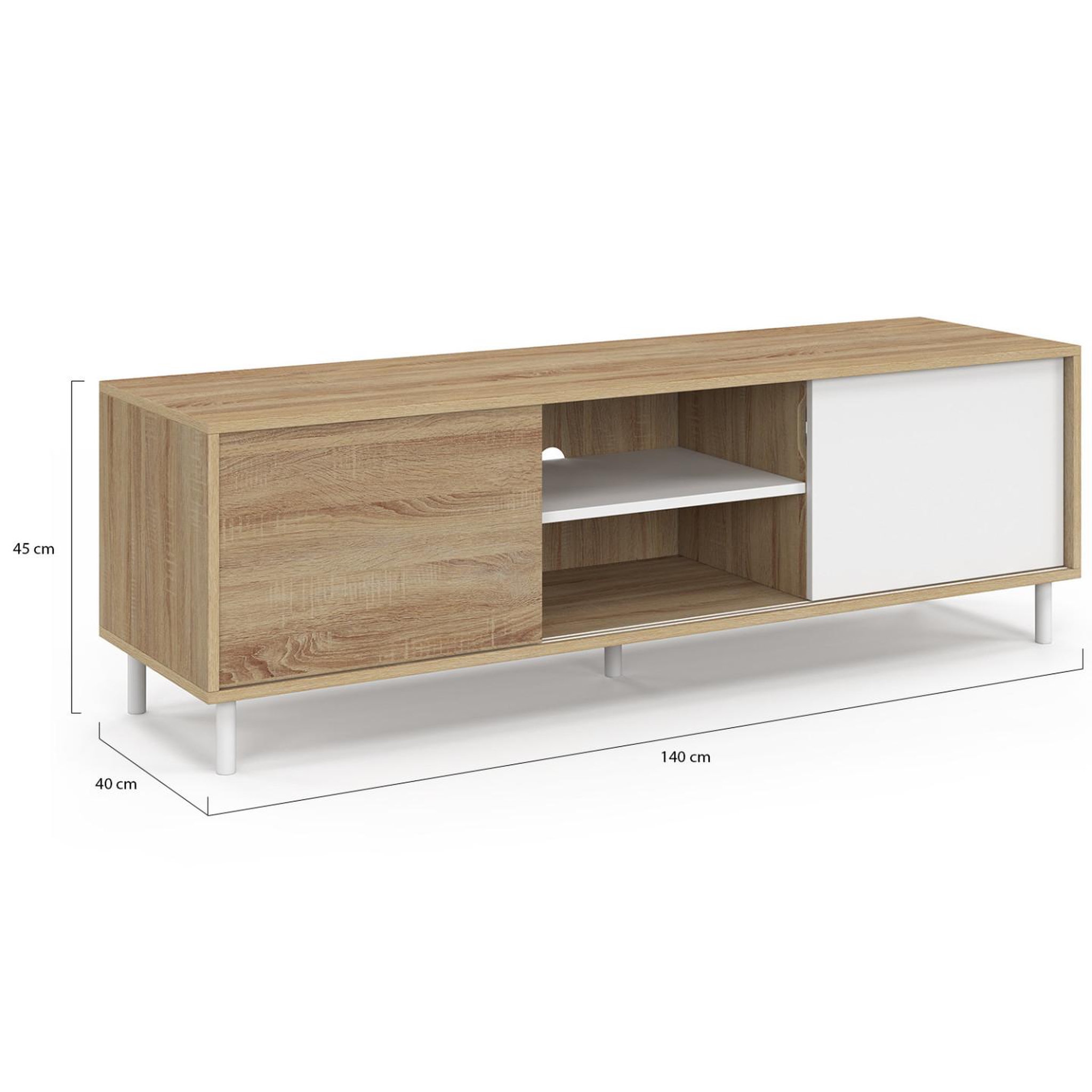 Voir la diapositive 6 : ID MARKET Meuble tv 140 cm easy montage sans outils 2 portes coulissantes réversibles effet bois et blanc