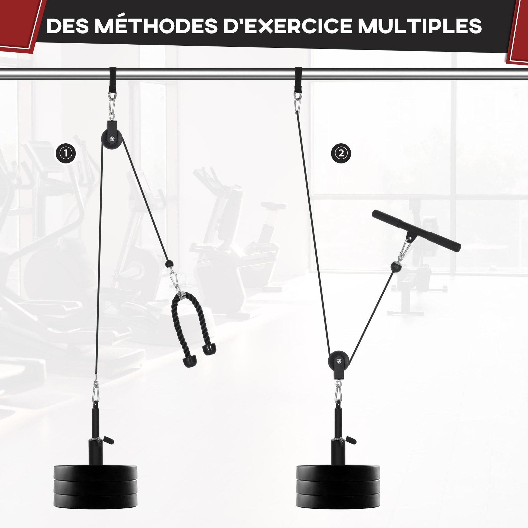 Voir la diapositive 6 : HOMCOM Station de musculation - station de traction poulie haute à fixer au plafond - barre traction et autres accessoires inclus