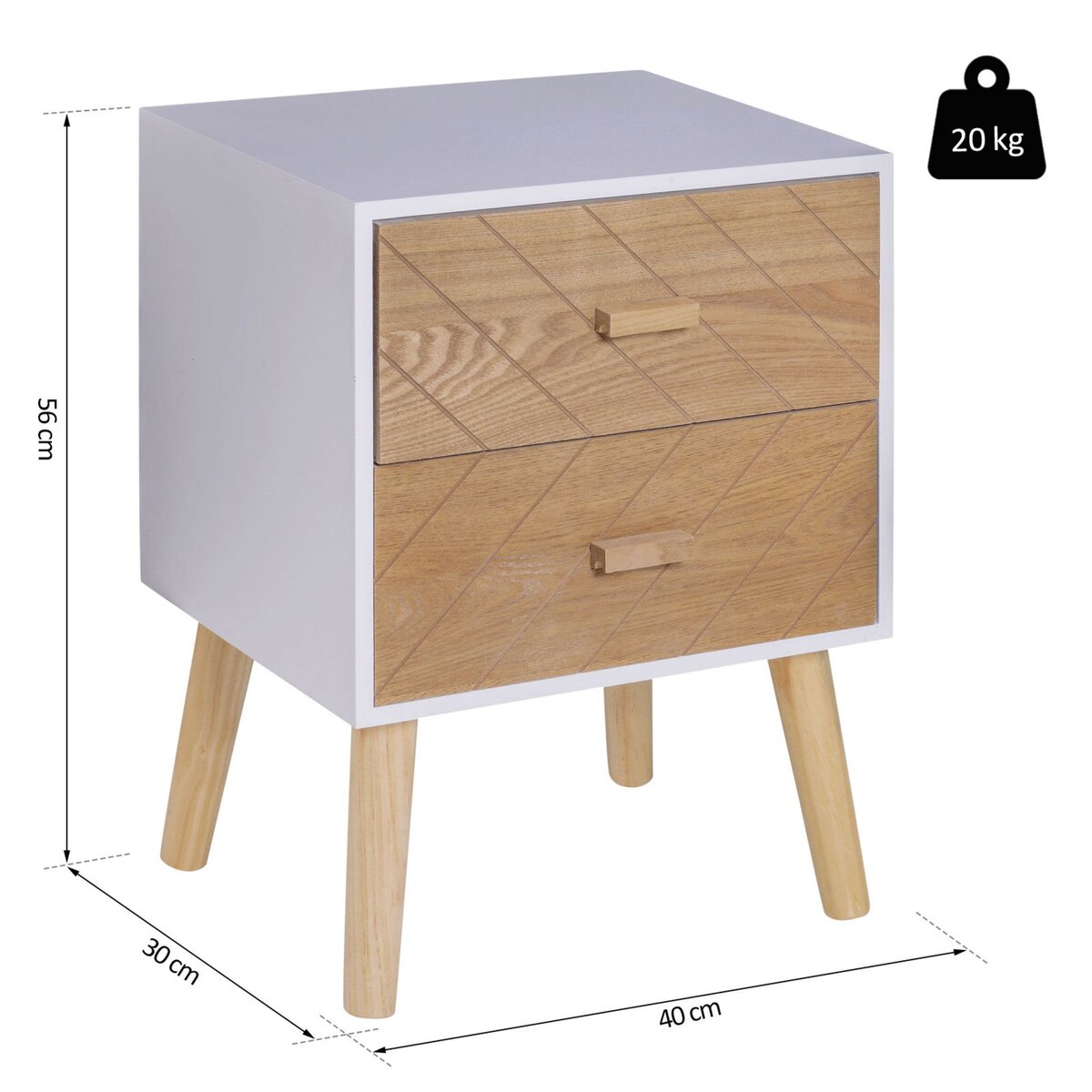 HOMCOM Chevet table de nuit design scandinave 40L x 30l x 56H cm 2 tiroirs bois massif pin MDF blanc et hêtre motif graphique