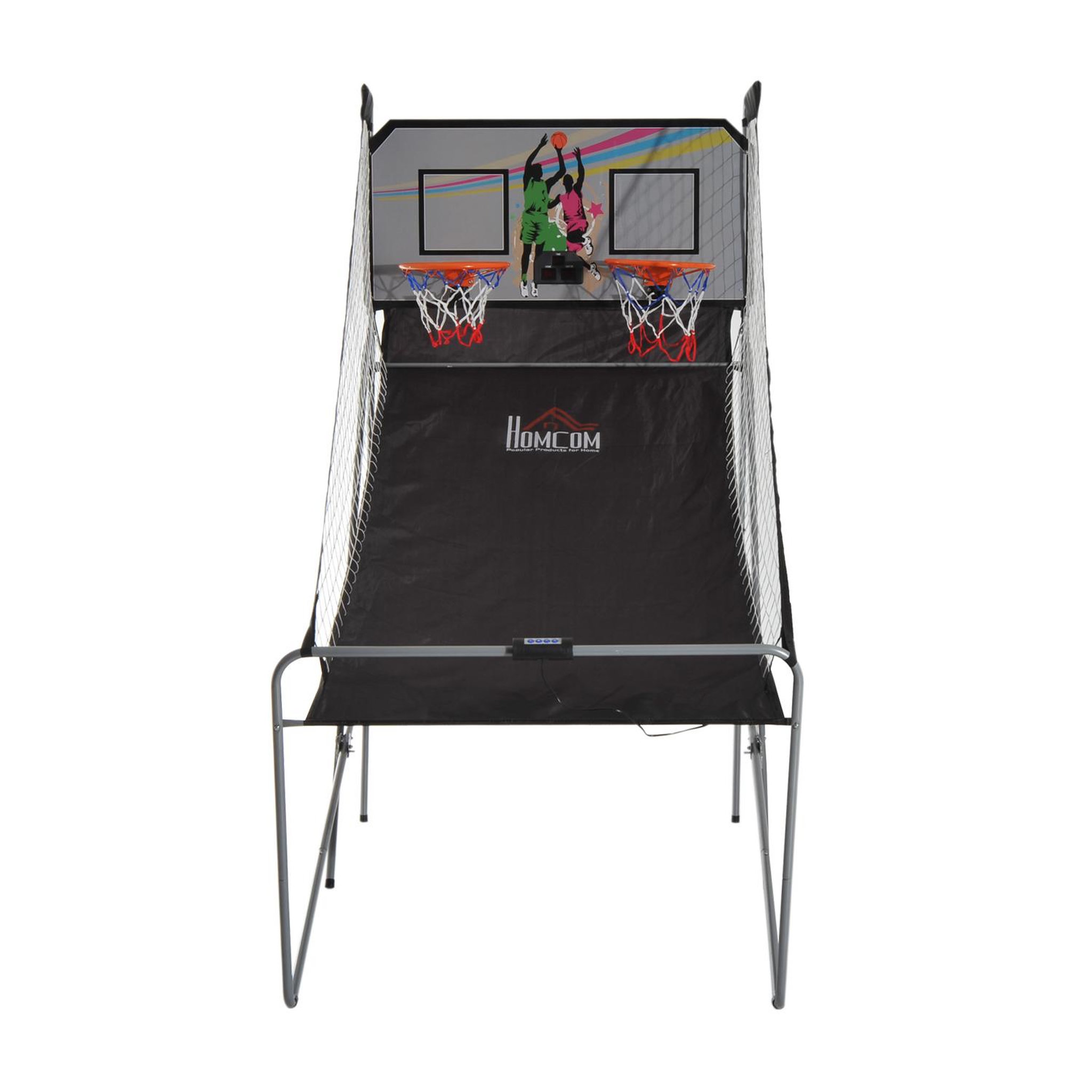 Voir la diapositive 5 : HOMCOM Panier de basket pliable jeu de basketball arcade double shootout double panier compteur électronique 4 ballons et pompe acier noir et blanc