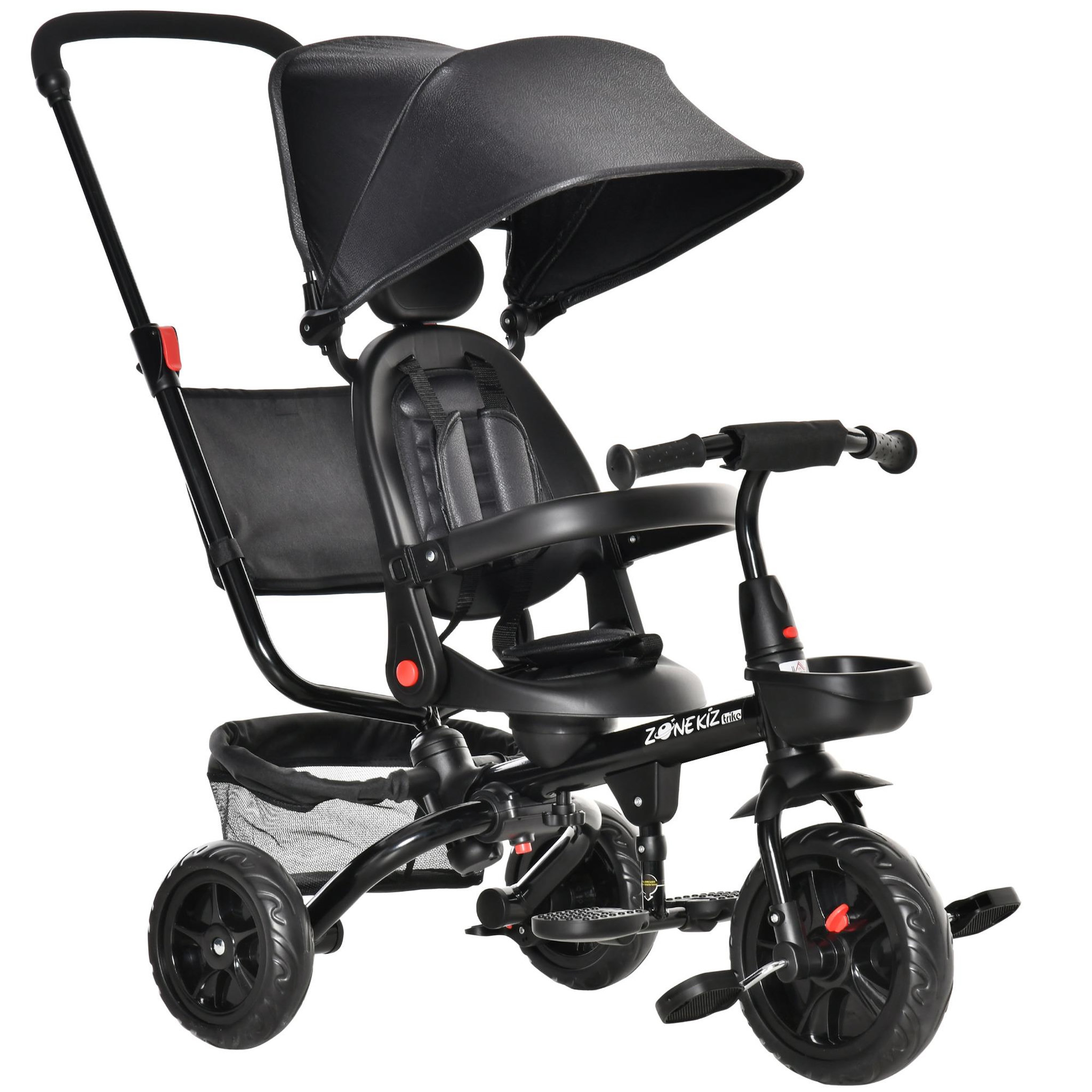Voir la diapositive 1 : HOMCOM Tricycle enfant évolutif pliable - pare-soleil, canne télescopique amovible - siège pivotant, harnais, arceau sécurité - repose-pied - 3 paniers rangement - métal PP noir