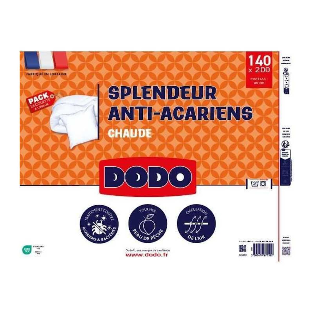 DODO DODO Pack Couette chaude anti-acariens 140x200 cm + 1 oreiller 60x60 cm - Splendeur - Garnissage 100% volupt'air 350gr/m² - Bla