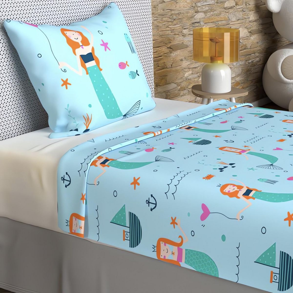 SOLEIL D'OCRE Parure de draps 180x290 cm SIRENES, 100% coton 57 fils/cm2, par Soleil d'Ocre