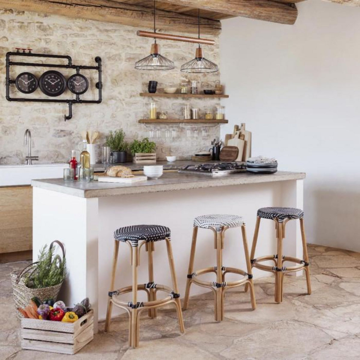 ATMOSPHERA Tabouret de Bar Bistrot en Rotin  Trecia  66cm Blanc